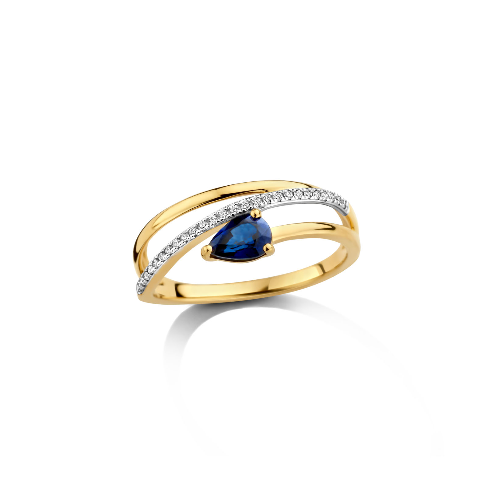 Ring goud 18kt met natuurlijke diamant en blauwe saffier