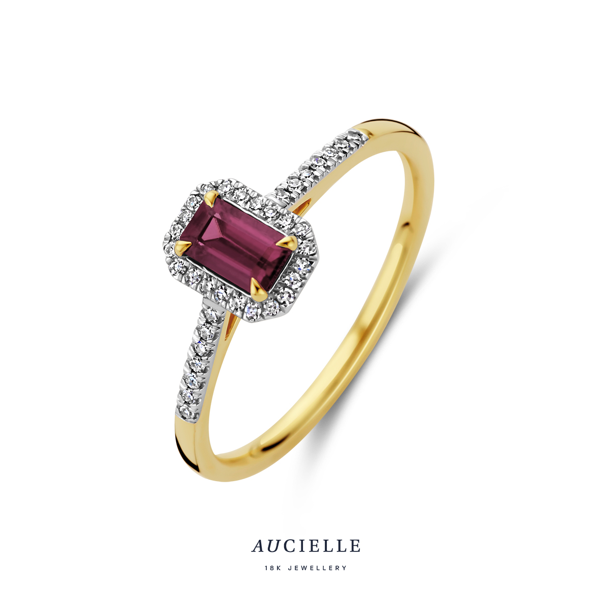 Ring rhodolite octagon entourage YG 0.080ct