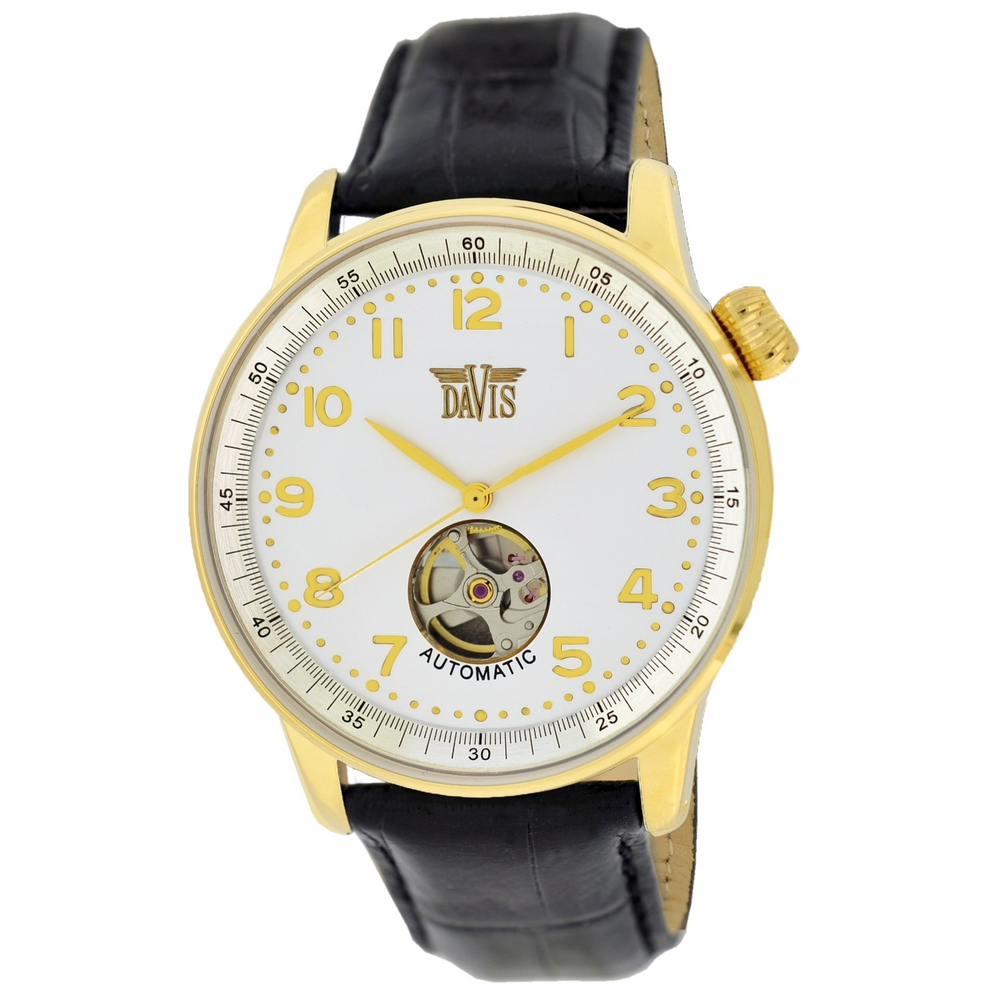 De Davis Oliver Watch is een stijlvol horloge met automatisch uurwerk en kroon op 2:00 positie. Kast glanzend edelstalen kast, goldplated, diameter 43 mm witte wijzerplaat 3HD uurwerk Overig zwarte lederen band met doornsluiting 2 jaar garantie