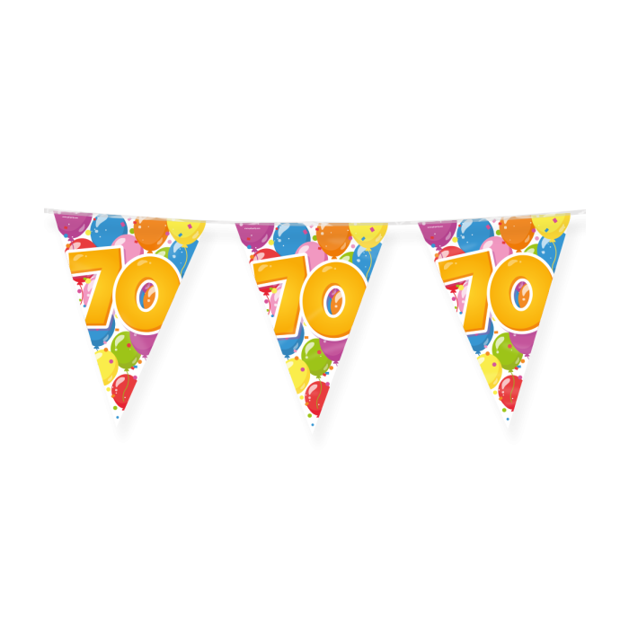De Fun Party Flags 70 is een vrolijke vlaggenlijn speciaal ontworpen voor een 70e verjaardag. De kleurrijke combinatie van ballonnen, confetti en opvallende cijfers zorgt direct voor een feestelijke sfeer tijdens ieder verjaardagsfeest.

De vlaggenlijn is eenvoudig op te hangen in huis, in de tuin, in een feestruimte of tijdens een verrassingsfeest en combineert perfect met andere verjaardagsdecoraties en feestartikelen. Dankzij de frisse uitstraling vormt deze lijn de vernieuwde opvolger van de bekende Happy vlaggenlijn van Paper Dreams.