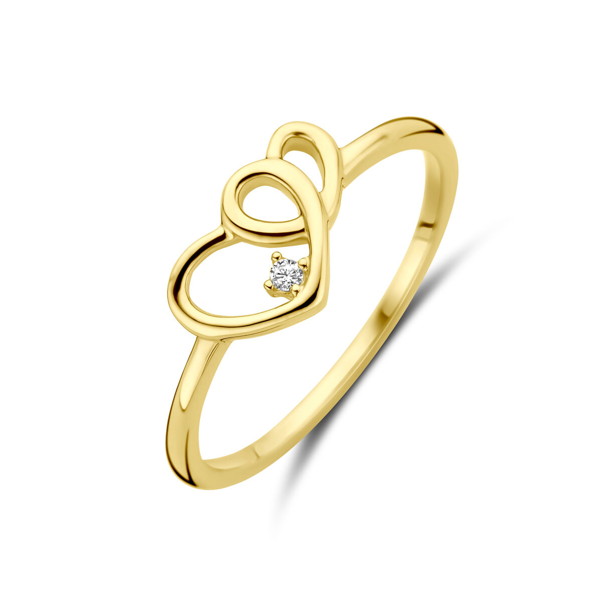 14k geelgoud hartjes ring met zirkonia in ringmaat 54 17,25