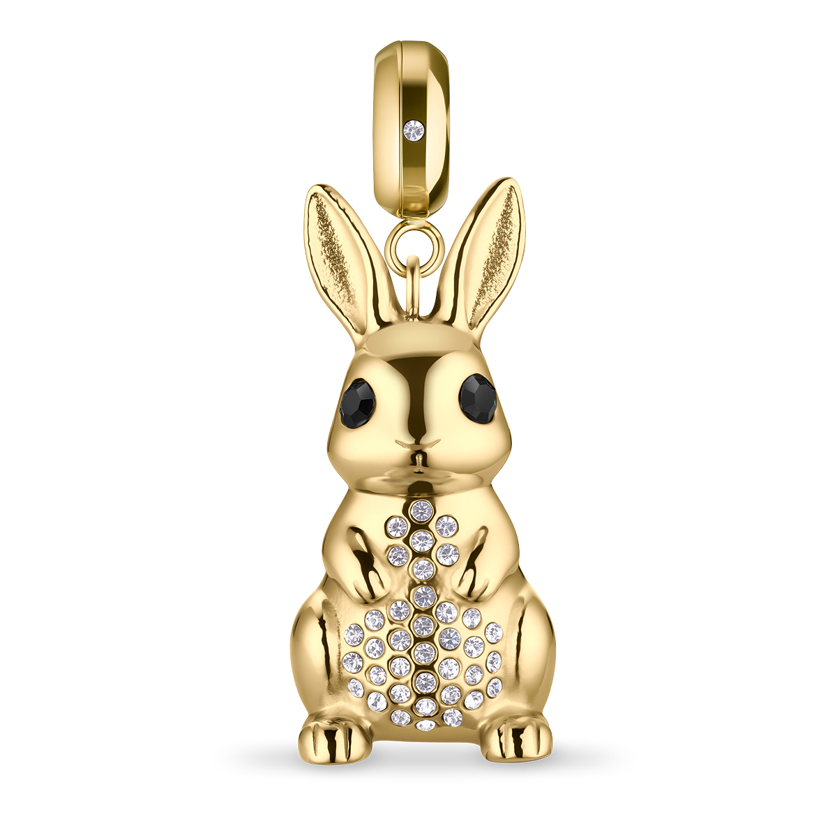 Dit BERING Polar Rabbit charm straalt als het warme licht van een Arctische winterdag en combineert speelse charme met Scandinavische elegantie.

Het goudkleurige konijntje van gepolijst roestvrij staal heeft zachte vormen en verfijnde details. De heldere kristallen op het lichaam schitteren als kleine sneeuwkristallen en geven het minimalistische ontwerp een luxe uitstraling. De donkere ogen zorgen voor een stijlvol contrast, terwijl de subtiele structuur in de oren het verfijnde BERING design benadrukt.