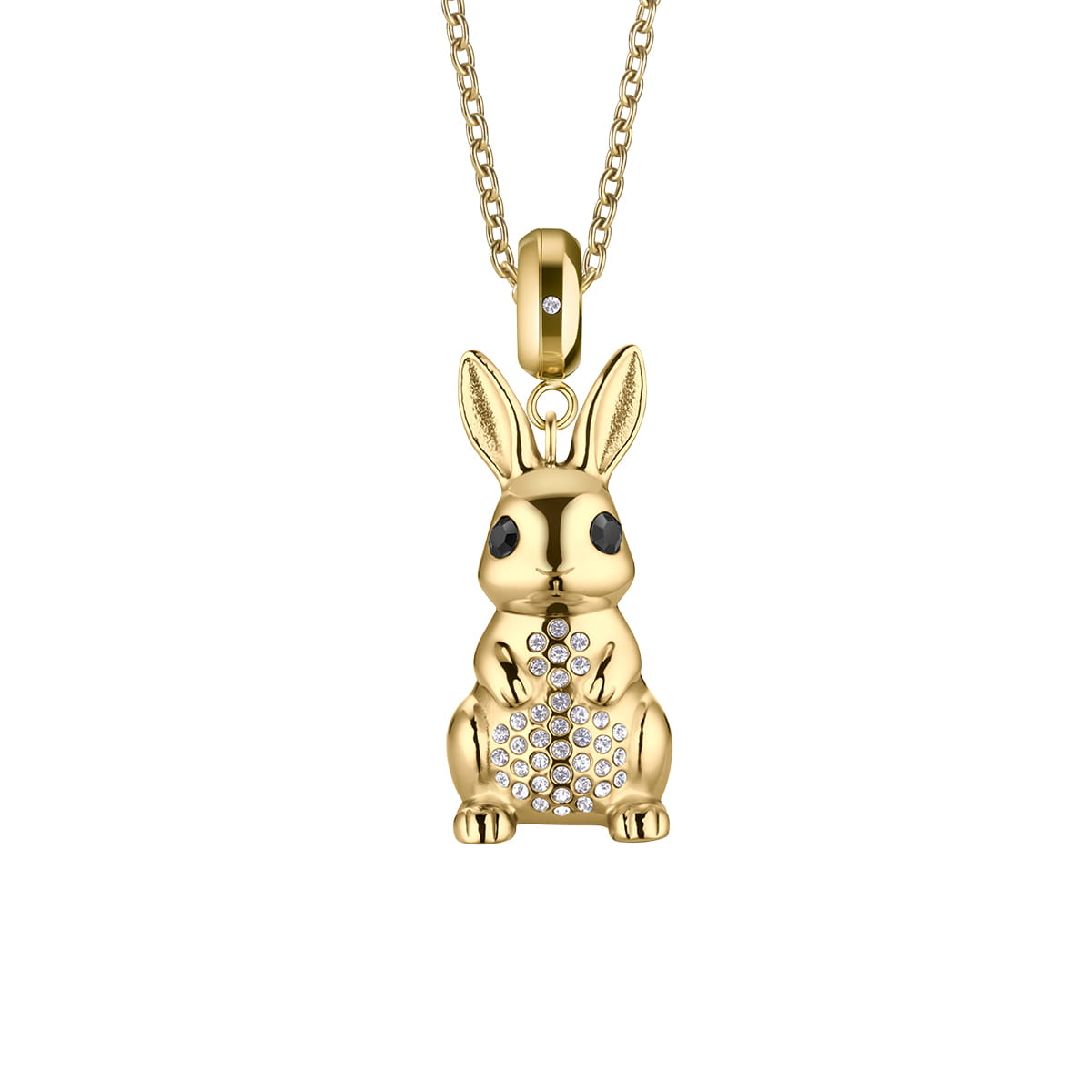 Warme goudtinten en speelse Arctische elegantie komen samen in deze verfijnde BERING ketting.

De fijne goudkleurige roestvrijstalen ketting draagt een schattige konijnenhanger met strakke Scandinavische lijnen en gepolijste details. Het kleine poolkonijn is bezet met fonkelende kristallen die het minimalistische ontwerp een subtiele luxe uitstraling geven. De donkere oogdetails zorgen voor expressief contrast en geven de hanger een charmante persoonlijkheid.