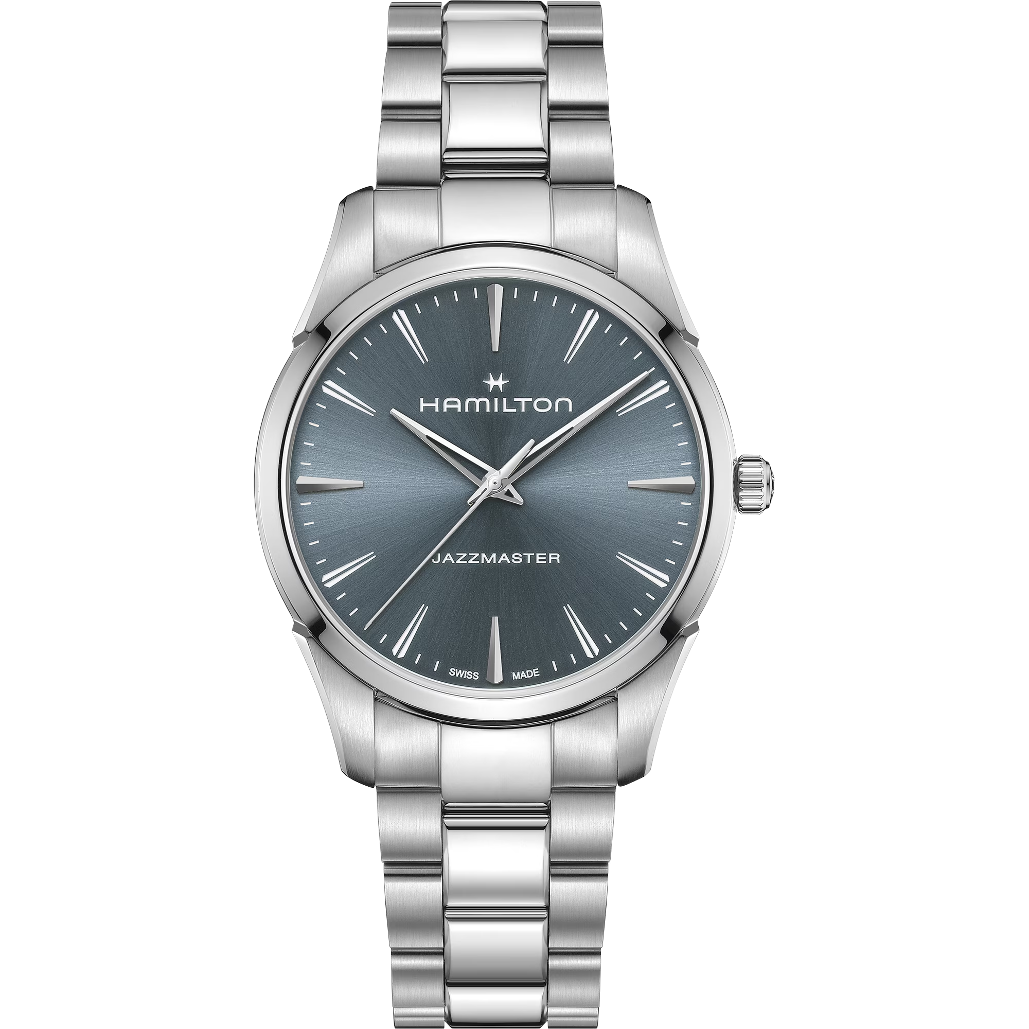 De Jazzmaster Quartz 40 mm is opvallend maar toch verfijnd en heeft een donkere poederblauwe wijzerplaat die een subtiel statement maakt. De ultraplatte kast en de geborstelde, gepolijste details accentueren de strakke lijnen, terwijl opengewerkte wijzers de moderne uitstraling afronden. Een horloge dat kleur en evenwicht in balans combineert.