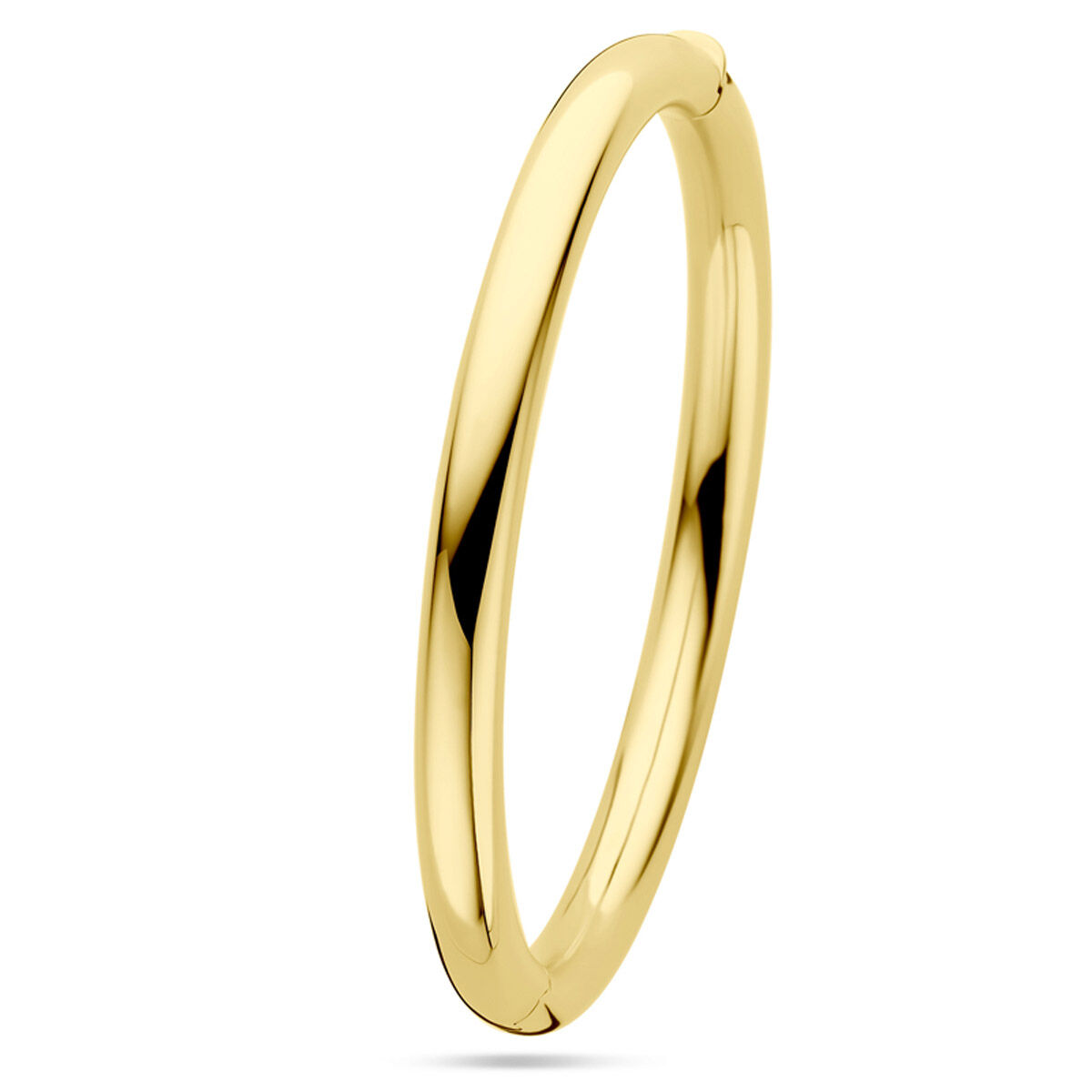 14 Karaat geel gouden bangle armband 6 mm ronde buis met scharnier en bak slot sluiting diameter 61 mm.