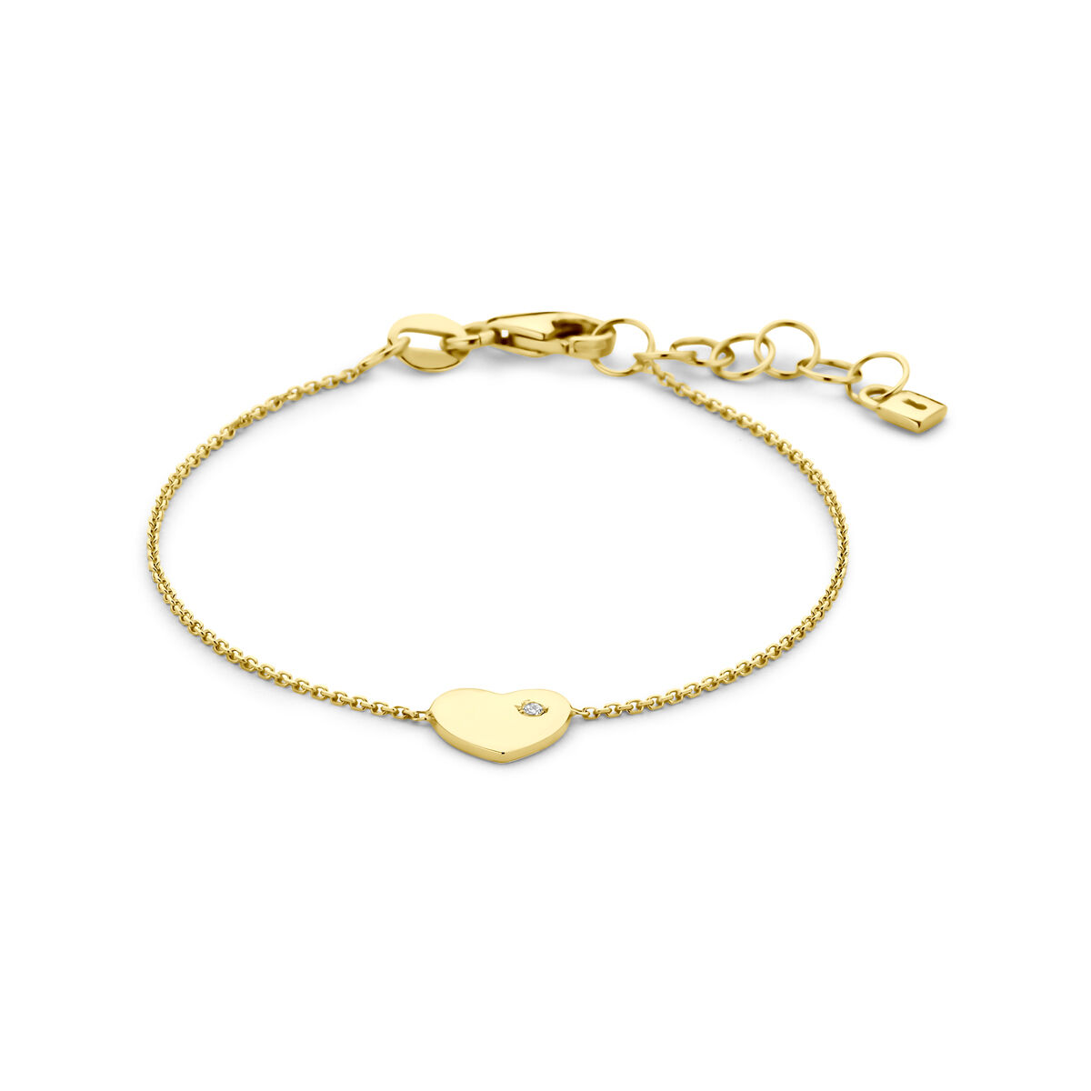 9k Geelkleurig armband uitgevoerd met een hartje met zirkonia. De armband heeft draaglengtes van 11+2cm en een schakelbreedte van 0,8mm.