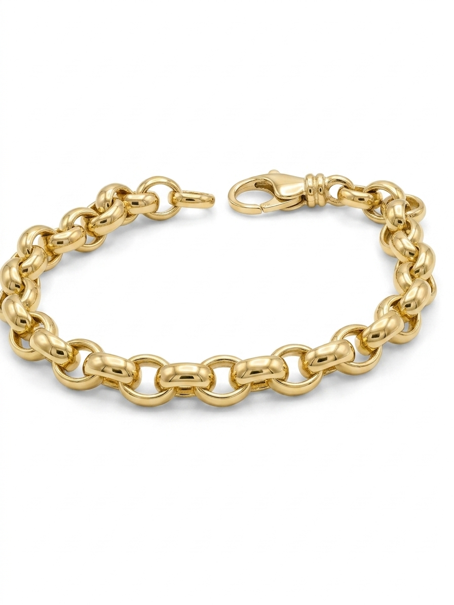 De 14 karaat massief gouden jasseron schakelarmband, modelnummer JRS8848, heeft een breedte van 7 mm en weegt 13,3 gram. De armband is goudkleurig en 18 cm lang. Draag deze luxe armband solo voor een elegante uitstraling of combineer met andere sieraden voor een trendy look. Perfect voor elke gelegenheid!