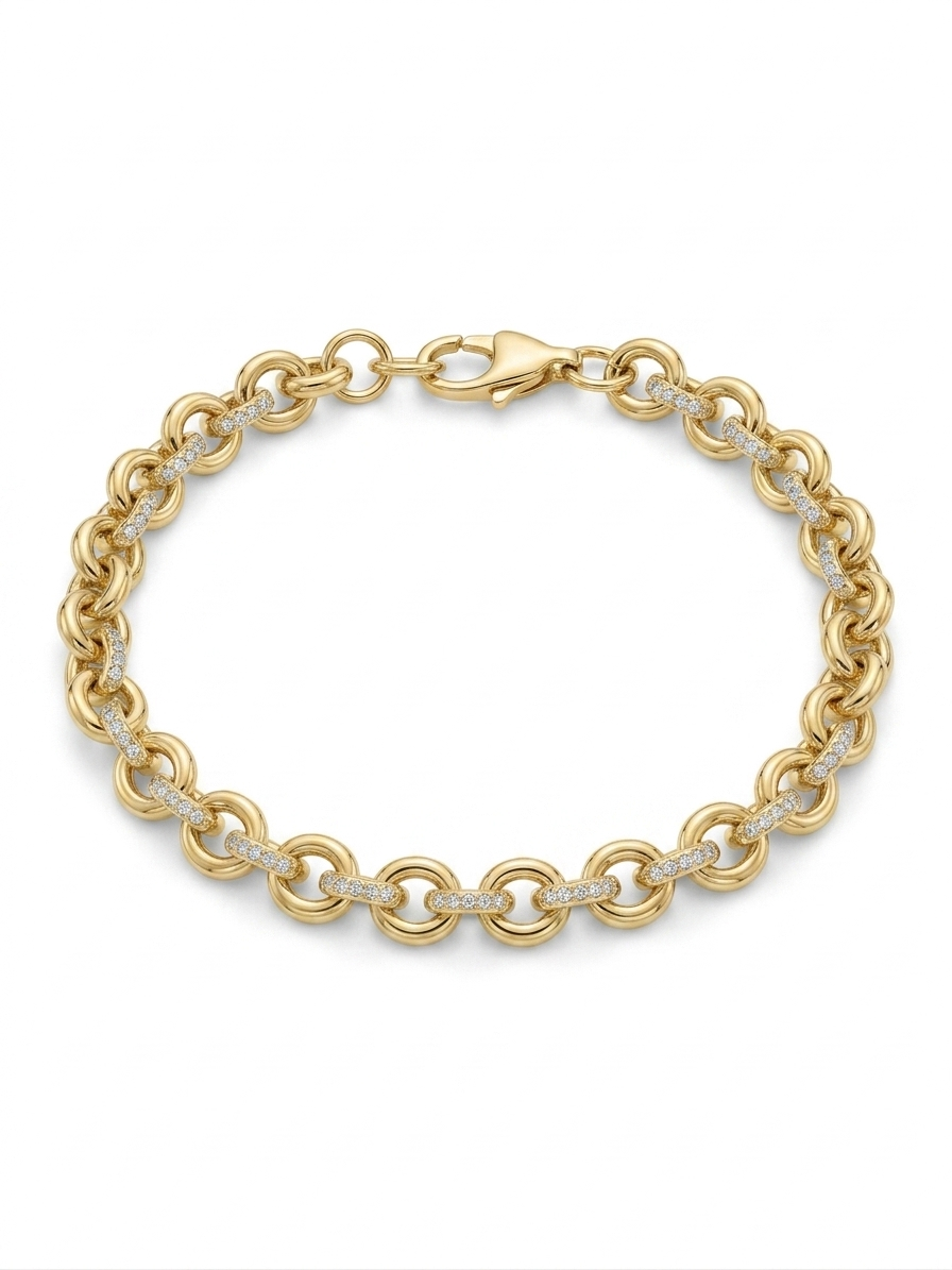 Dit prachtige 14 karaat gouden jasseron armband, model JRS8860, biedt verfijnde elegantie met 5 mm breedte, verrijkt met zirkonia stenen. Vervaardigd uit 14 karaat goud, weegt het 5,5 gram en heeft een lengte van 18 cm. Perfect voor dagelijks gebruik of speciale gelegenheden, voegt het een vleugje luxe toe aan elke outfit. Draag solo of in combinatie.