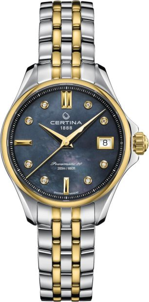 De CERTINA DS ACTION C0322072212600 is een prachtig dames horloge met een klassieke uitstraling en een moderne twist. 
Het horloge heeft een mechanisch uurwerk met automatische opwindfunctie dat geplaatst is in een edelstalen met PVD gekleurde kast. Op de zwarte parelmoeren wijzerplaat is analoge tijdsweergave zichtbaar. Aan de kast zit een goudkleurige zilverkleurige met met PVD gekleurde stalen horlogeband met een vouwsluiting.

Het mechanisch uurwerk met automatische opwindfunctie biedt u datum-aanduiding als tijdfunctie(s). De ronde horlogekast is 200m waterdicht en voorzien van een saffierglas.

Bijzonderheden

Op de wijzerplaat van dit horloge zijn natuurlijke diamanten gezet. De achterkant van de horlogekast is doorzichtig. Door het glas kunt u uw uurwerk bekijken. Het is fantastisch om te zien hoe dit mechanische uurwerk zich voortbeweegt.

Het Zwitserse Certina staat garant voor luxe kwaliteit. Niet alleen qua stijl onderscheidt Certina zich van de rest, ook de technologie is een belangrijk aspect van de Certina-filosofie. De door Certina volledig doorontwikkelde DS-technologie zorgt voor een optimale bescherming van het uurwerk op het gebied van schokken en waterdichtheid. Certina biedt een grote vari&euml;teit aan stijlen. Het merendeel van de door Certina vervaardigde horloges heeft een sportief tot zeer sportief karakter, zoals de dames- en herenhorloges uit de DS Podium-collectie. Maar met de Certina DS One en DS Powermatic spreekt de fabrikant ook tot de verbeelding van liefhebbers van traditioneel design