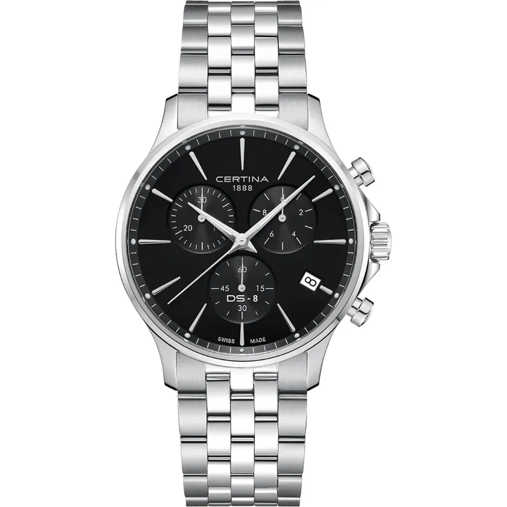 Certina herenhorloge uit de DS-8 collectie. Het horloge met het referentienummer C0454171105100 is uitgevoerd met een Zwitsers Quartz-uurwerk van topkwaliteit, welke is geplaatst in een hoogwaardige edelstalen horlogekast. Het horloge heeft een zwarte wijzerplaat Aan de ronde horlogekast van 41 mm. is een edelstalen geschakelde horlogeband vervaardigd, welke is voorzien van een vouwsluiting.

Het Quartz-uurwerk in de horlogekast is voorzien van een datumvenster op de 4-uurs positie en een chronograaf-functie. De stopwatch-functie geeft de tijd aan in seconden, minuten en uren. Tevens is dit model voorzien van een Precidrive technologie, die ervoor zorgt dat het uurwerk een autonome afwijking van maximaal 10 seconden op jaarbasis behaalt. De waterdichtheid van het horloge met een kristallen saffierglas is 10 ATM (100 meter), in combinatie met het DS-concept is het uurwerk maximaal beschermd tegen krachten van buitenaf zoals water, stof en het stoten van het horloge.

Certina is in 1888 opgericht en is gevestigd in het Zwitserse Grenchen. Al 50 jaar dragen de letters 'DS' belangrijk bij aan de ijzersterke reputatie van Certina , welke volledig Swiss Made is. De letters, die staan voor Double Security, symboliseren betrouwbaarheid en kwaliteit en de innovatieve kracht van het merk wat een belangrijk element is binnen de filosofie van Certina . De DS-technologie staat garant voor de optimale bescherming van het uurwerk op het gebied van water- en stofdichtheid, schokbestendigheid en krasbestendigheid. Met de nieuwe techniek van de 'Precidrive' heeft Certina de nauwkeurigheid van de horloges nog verder weten te optimaliseren. De collectie bestaat uit een brede sportieve lijn welke is aangevuld met een krachtige klassiekere collectie voor dames en heren. De DS-podium collecties bestaan uit ultra sportieve horloge afgewisseld met geklede horloges met een specifiek karakter die uitermate geschikt zijn voor de combinatie met overhemd of pak. Daarentegen zijn de horloges als de DS-4 en de DS Caimano klassiek en de subtiele afwerking geeft de horloges een geheel eigen karakter. 