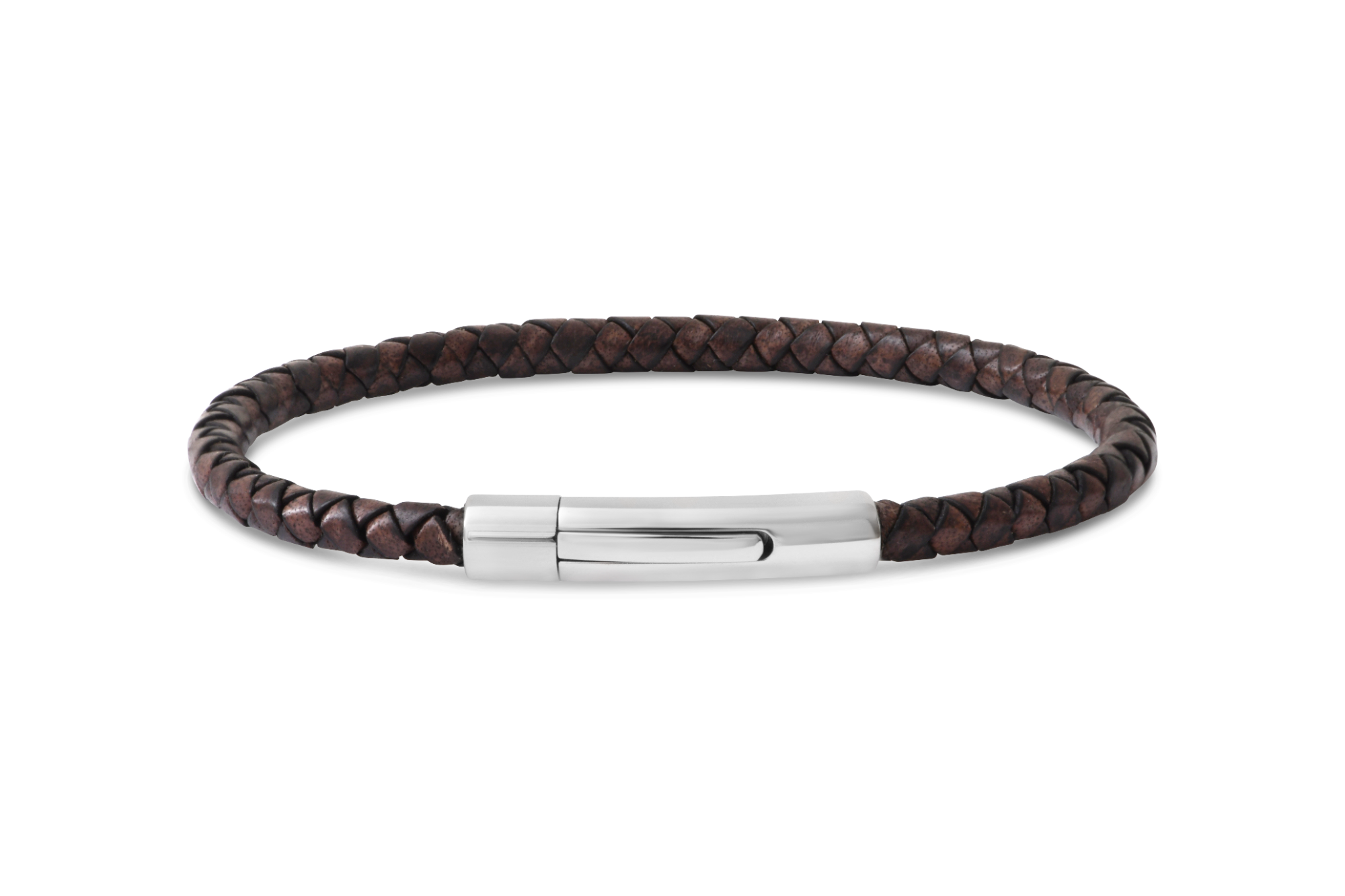 Lederen armband bruin marron tress&eacute; blinkend stalen slot 4mm