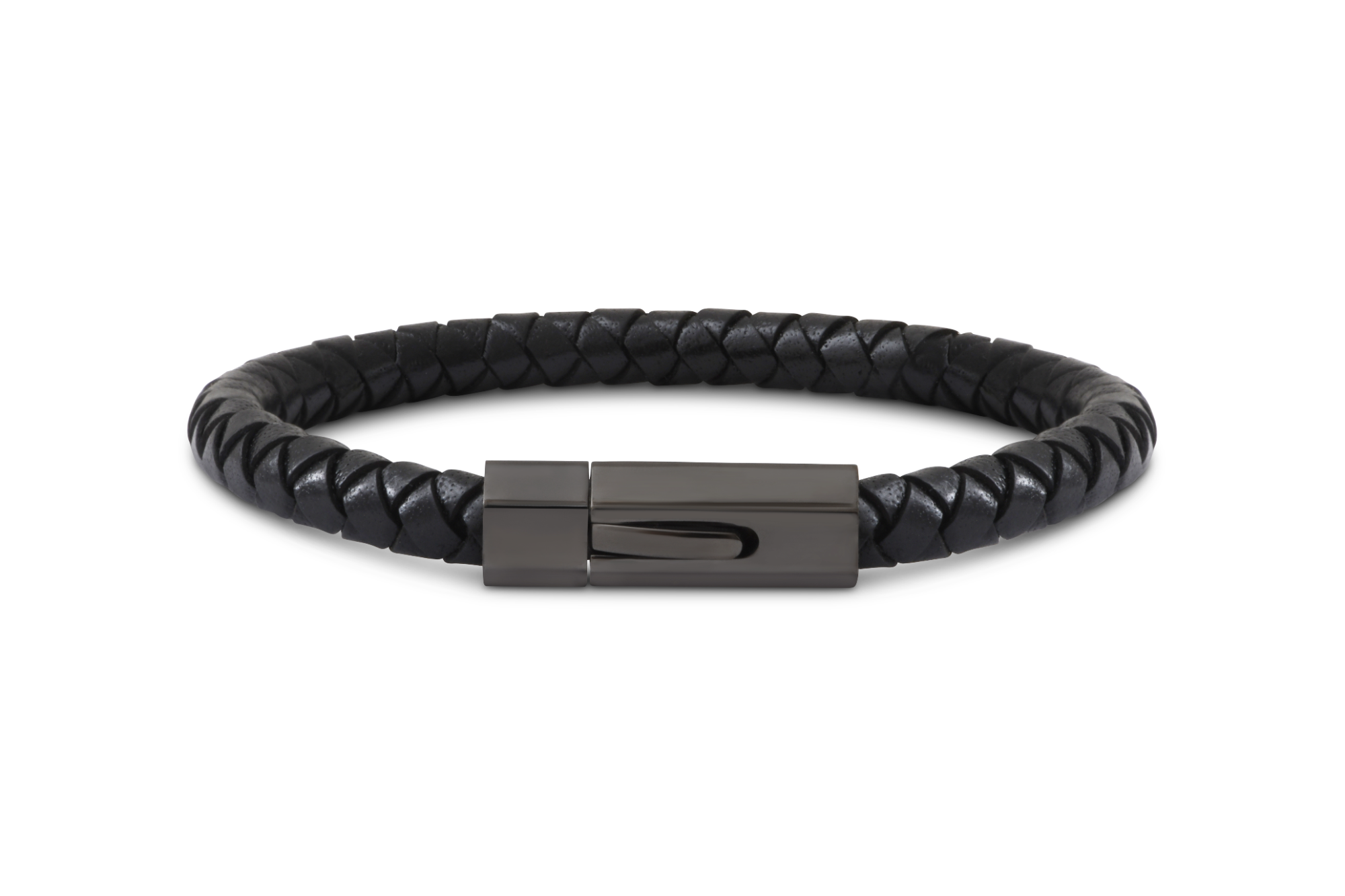 Armband vrouw/man leder zwart slot edelstaal zwart blinkend hexagone 6mm IKOBA