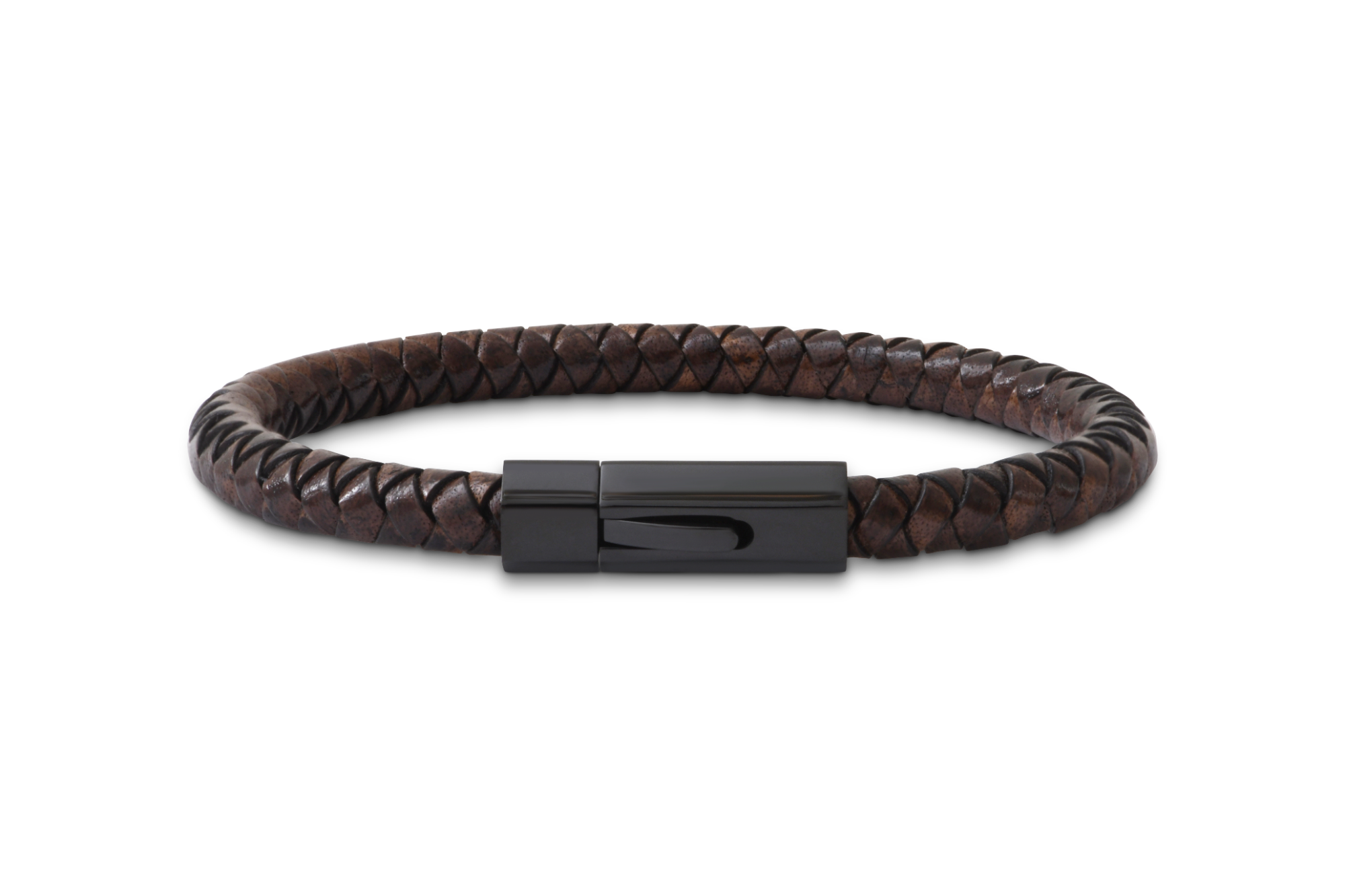 Armband leder bruin tress&eacute; met hexagone slot staal zwart blinkend 6mm
