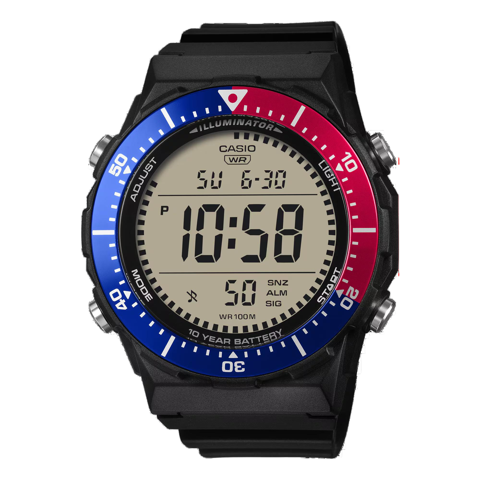Een multifunctioneel digitaal horloge met breed, goed afleesbaar display en draaibare lunette - perfect voor sporters.  

Waterbestendig tot 10 bar, batterijlevensduur van tien jaar, LED-achtergrondverlichting en handige functies zoals stopwatch, alarm en meer.