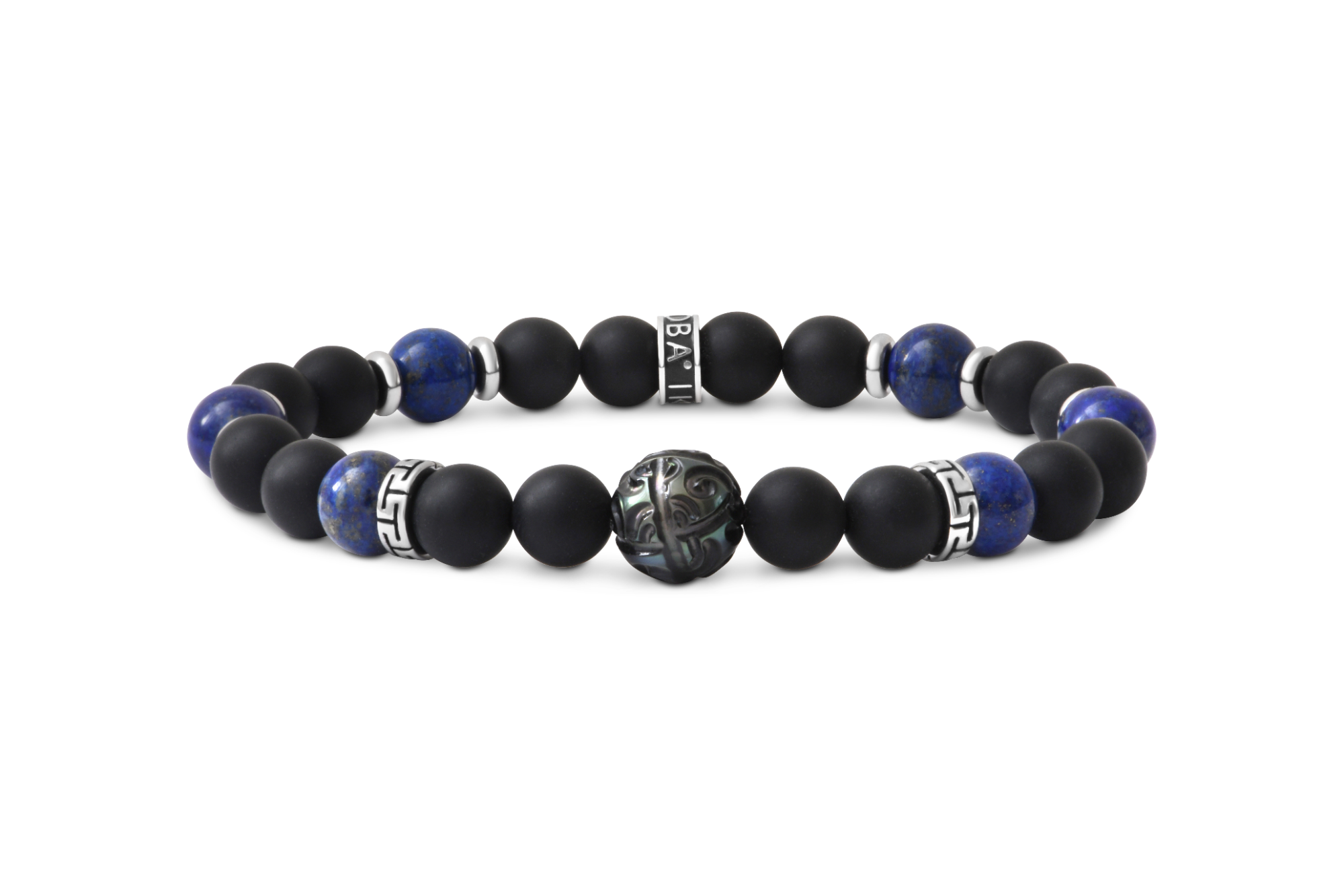 Heren armband met parels zwarte agaat, lapis lazulli 8mm en tahiti parel gegraveerd