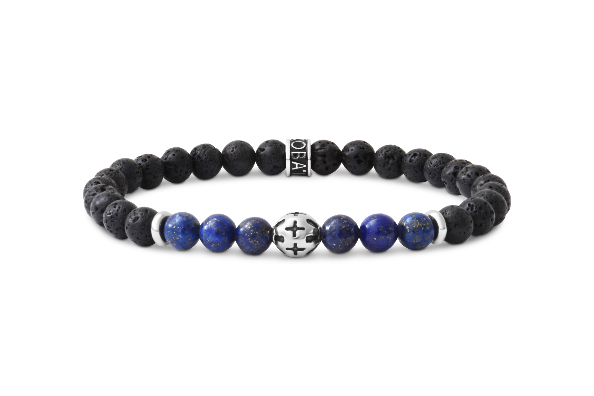 armband zwartye agaat en lapis6mm en kruisbolletje