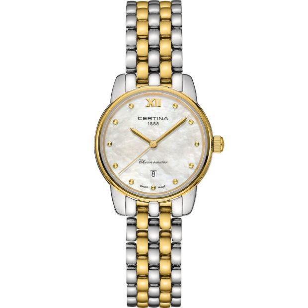 Dit Certina DS 8 Dameshorloge is bekend onder Certina-referentienummer C0330512211801. Het horloge heeft een quartz-uurwerk dat geplaatst is in een edelstalen met PVD gekleurde kast. Op de witte parelmoeren wijzerplaat is analoge tijdsweergave zichtbaar. Aan de kast zit een goudkleurige zilverkleurige met met PVD gekleurde stalen horlogeband met een vouwsluiting.
Het quartz-uurwerk biedt u datum-aanduiding als tijdfunctie(s). De ronde horlogekast is 100m waterdicht en voorzien van een saffierglas.
Bijzonderheden
Dit horloge is bijzonder in zijn eenvoud en heeft geen gecompliceerde extra's.
Het Zwitserse Certina staat garant voor luxe kwaliteit. Niet alleen qua stijl onderscheidt Certina zich van de rest, ook de technologie is een belangrijk aspect van de Certina-filosofie. De door Certina volledig doorontwikkelde DS-technologie zorgt voor een optimale bescherming van het uurwerk op het gebied van schokken en waterdichtheid. Certina biedt een grote vari&euml;teit aan stijlen. Het merendeel van de door Certina vervaardigde horloges heeft een sportief tot zeer sportief karakter, zoals de dames- en herenhorloges uit de DS Podium-collectie. Maar met de Certina DS One en DS Powermatic spreekt de fabrikant ook tot de verbeelding van liefhebbers van traditioneel design. 