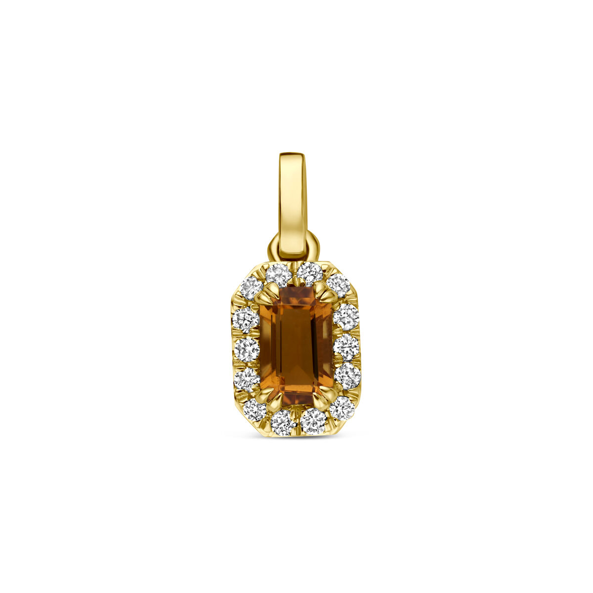 14k Geelgouden hanger uitgevoerd met citrien en lab grown diamant. De hanger heeft een hoogte van 7.5mm excl. oogje en een breedte van 5.5mm. Het totale diamantgewicht is 0.08ct. Lab grown diamanten zijn diamanten die ontstaan in een laboratorium. Onder extreem hoge druk en temperatuur wordt het natuurlijk ontstaansproces nagebootst met als eindresultaat een diamant met dezelfde chemische eigenschappen maar met een andere oorsprong.

