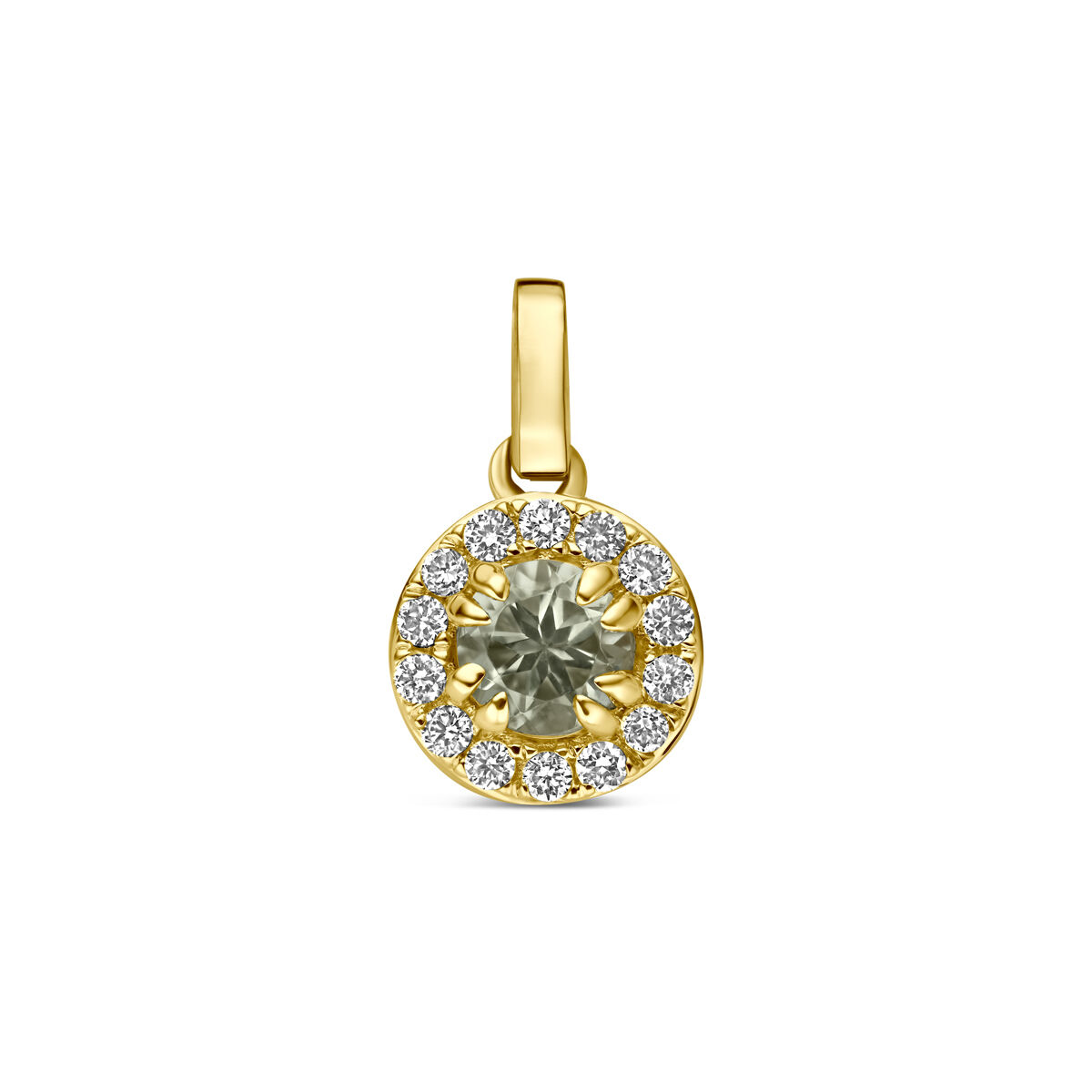 14k Geelgouden hanger uitgevoerd met groen amethist en lab grown diamant. De hanger heeft een diameter van 7mm excl. oogje. Het totale diamantgewicht is 0.08ct. Lab grown diamanten zijn diamanten die ontstaan in een laboratorium. Onder extreem hoge druk en temperatuur wordt het natuurlijk ontstaansproces nagebootst met als eindresultaat een diamant met dezelfde chemische eigenschappen maar met een andere oorsprong.
