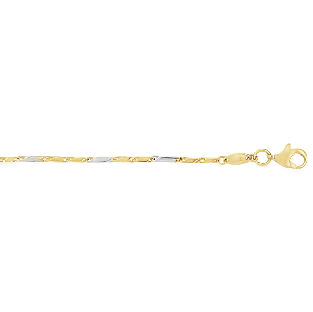 De 14 karaats bicolore gouden armband Fantasie is een juweel met een fijn ontwerp van 1,3 mm. Deze sierlijke armband is perfect voor dagelijks gebruik en speciale gelegenheden. Draag het solo voor een subtiele look of combineer het met andere sieraden voor een gelaagd effect. Ideaal voor elk seizoen en stijlvolle outfits.