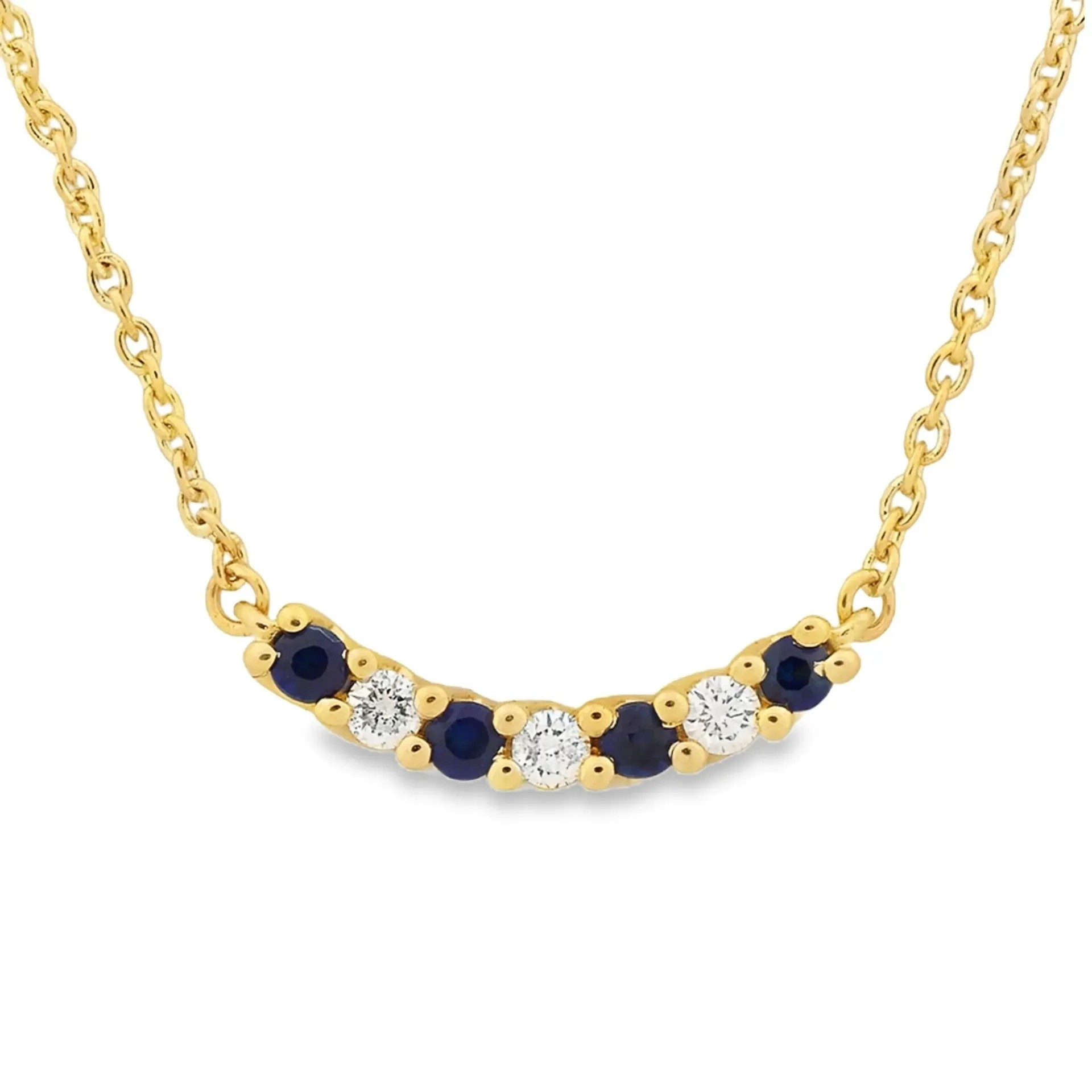Dit schitterende 14 karaats geelgouden collier, is versierd met een saffier en 0,06 ct diamant. Het is een elegant sieraad dat iedere outfit compleet maakt. Draag het collier bij zowel formele als informele gelegenheden voor een verfijnde uitstraling. Perfect te combineren met andere sieraden voor een stijlvolle look.