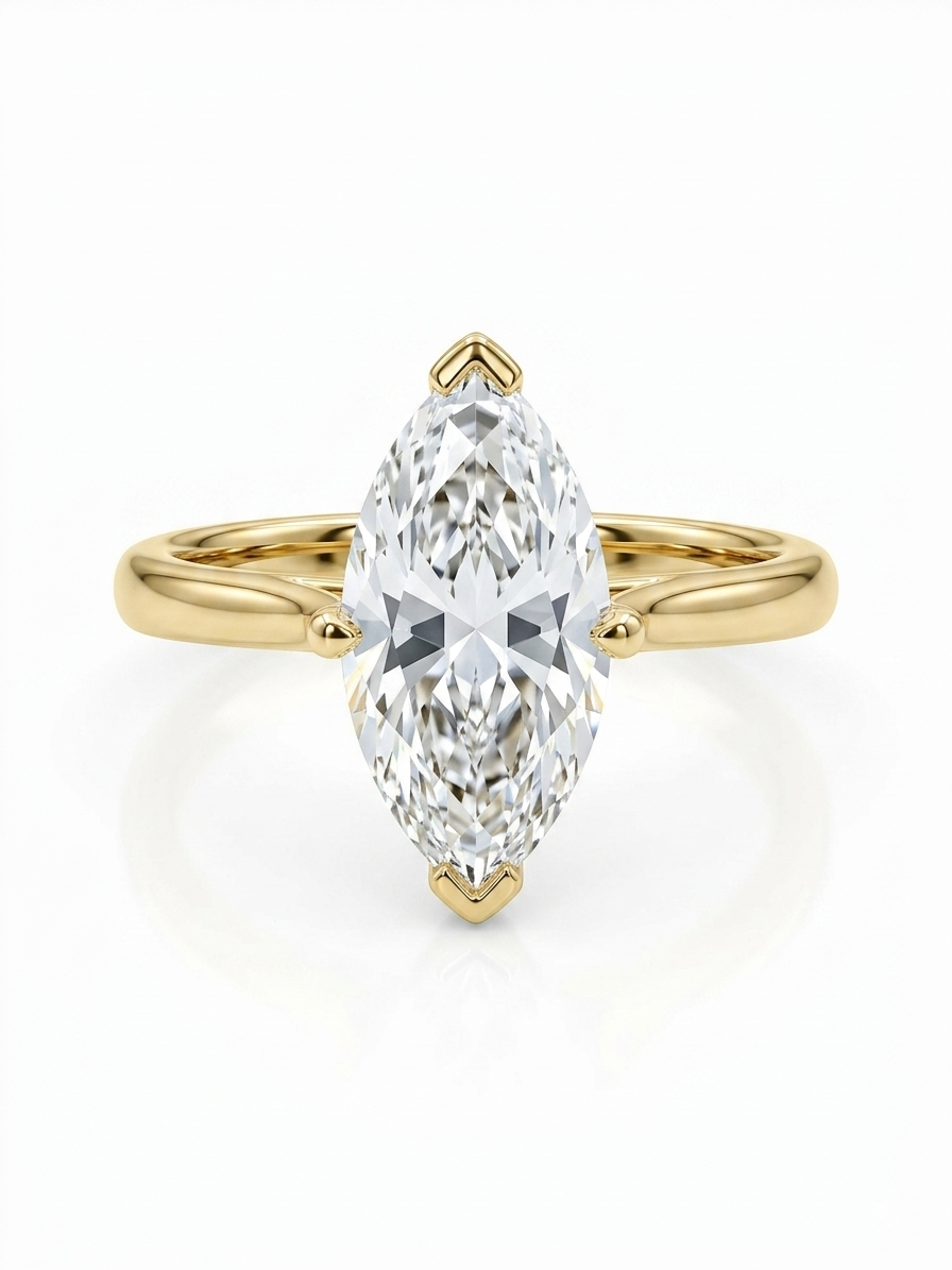 Deze 18 karaat gouden Marquise ring, modelnummer LT1032, beschikt over een laboratoriumgemaakte diamant van 2.03 karaat. Met een zuiverheid van VVS2 en een kleurcode D, straalt deze ring verfijning uit. Perfect als verlovingsring, maat 51. Draag het met trots op je speciale dag om een elegante en tijdloze look te cre&euml;ren.