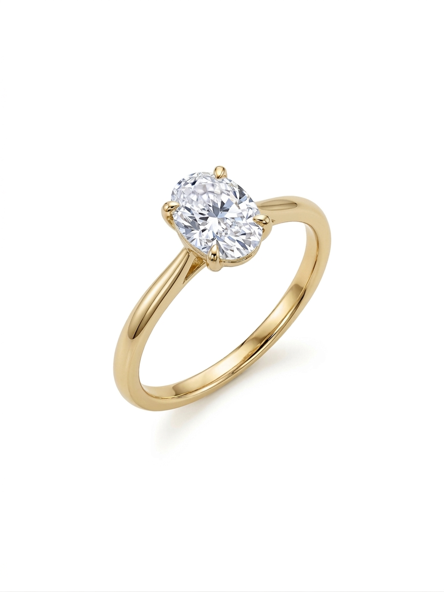 Deze prachtige 14 karaat gouden ovaalring, modelnummer LT1029-7, bevat een laboratoriumgemaakte VS1-diamant van 0,74 karaat in de kleur D (Jager). Perfect voor een verlovingsring, maat 53, in goudkleur. Draag hem bij speciale gelegenheden om elegantie en stijl te benadrukken. Een schitterende keuze voor een onvergetelijk aanzoek.