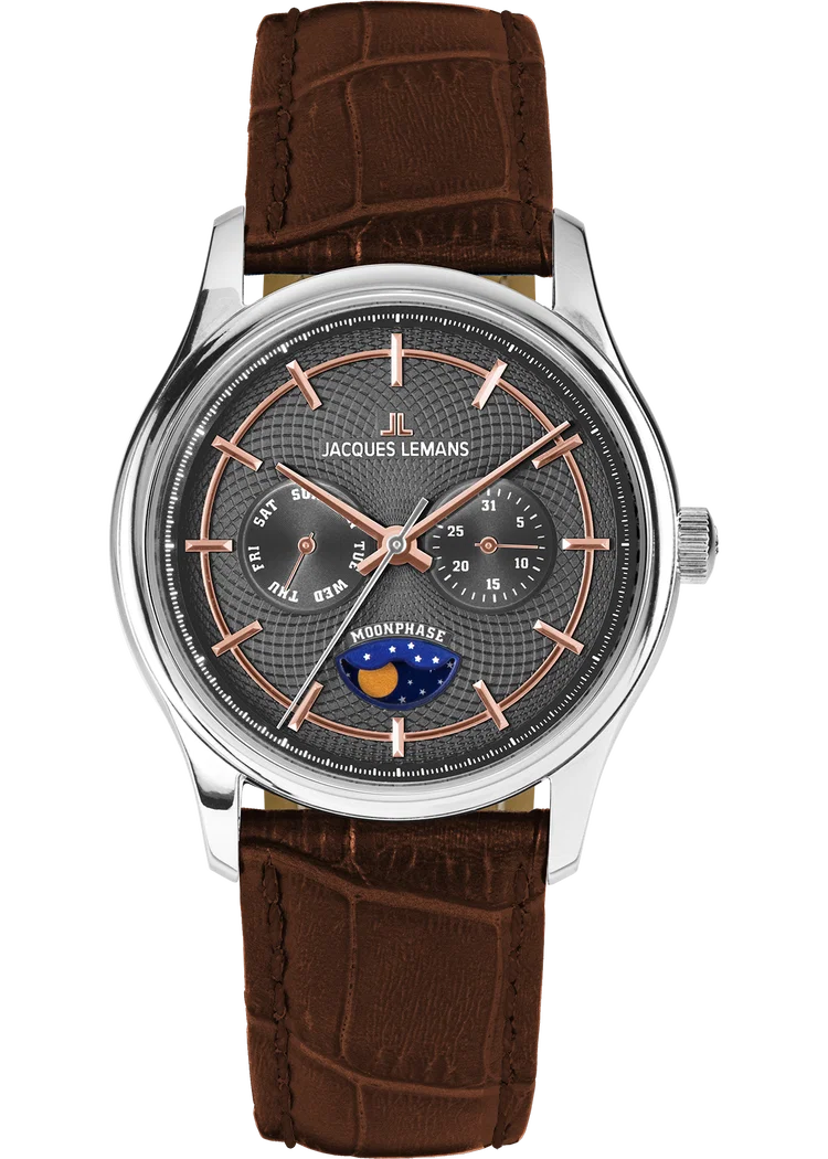 Der Derby 1-2213 JACQUES LEMANS ist eine stilvolle Uhr mit braunem Armband und 43 mm Gr&ouml;&szlig;e. Sie verf&uuml;gt &uuml;ber eine Datumsfunktion und ist brandneu. Perfekt f&uuml;r formelle Anl&auml;sse oder einen eleganten Alltagslook. Kombinieren Sie es mit einem farblich passenden G&uuml;rtel und Lederschuhen, um das Gesamtbild abzurunden. Ideal als Geschenk oder f&uuml;r Sammler.