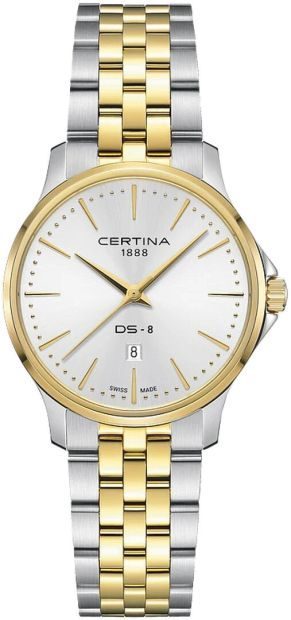 Certina DS 8 dameshorloge C0450102203100. Het horloge heeft een quartz uurwerk wat geplaatst is in een edelstalen met PVD gekleurde kast. Op de grijze wijzerplaat is analoge tijdsweergave zichtbaar. Aan de kast zit een goudkleurige zilverkleurige met met PVD gekleurde stalen horlogeband met een vouwsluiting.

Het horloge is 100m waterdicht en voorzien van een saffierglas.

Het Zwitserse Certina staat garant voor luxe kwaliteit. Niet alleen qua stijl onderscheidt Certina zich van de rest, ook de technologie is een belangrijk aspect van de Certina-filosofie. De door Certina volledig doorontwikkelde DS-technologie zorgt voor een optimale bescherming van het uurwerk op het gebied van schokken en waterdichtheid. Certina biedt een grote vari&euml;teit aan stijlen. Het merendeel van de door Certina vervaardigde horloges heeft een sportief tot zeer sportief karakter, zoals de dames- en herenhorloges uit de DS Podium-collectie. Maar met de Certina DS One en DS Powermatic spreekt de fabrikant ook tot de verbeelding van liefhebbers van traditioneel design.