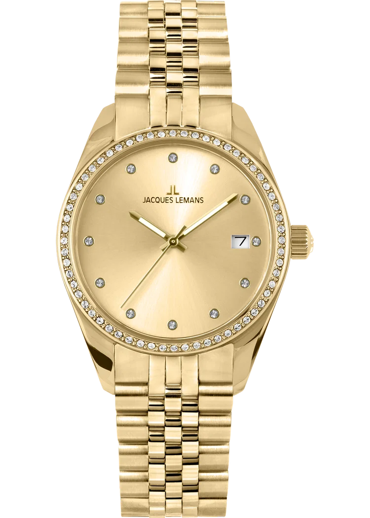 Jacques Lemans Derby 1-2133F bietet eine elegante Armbanduhr mit goldfarbenem Armband und Edelstahlgeh&auml;use. Diese neue 34mm Uhr verf&uuml;gt &uuml;ber eine Datumsfunktion. Perfekt f&uuml;r formelle Anl&auml;sse oder den t&auml;glichen Gebrauch. Tragen Sie sie zu einem schicken Outfit f&uuml;r einen edlen Look. Ideal f&uuml;r Damen, die Stil und Funktionalit&auml;t sch&auml;tzen.