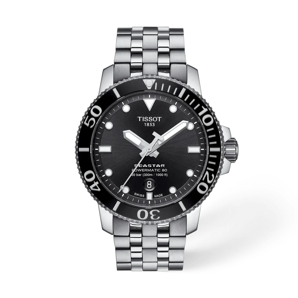 herenpolshorloge Tissot Seastar 1000 met een zwarte wijzerplaat en powermatic 80 uurwerk