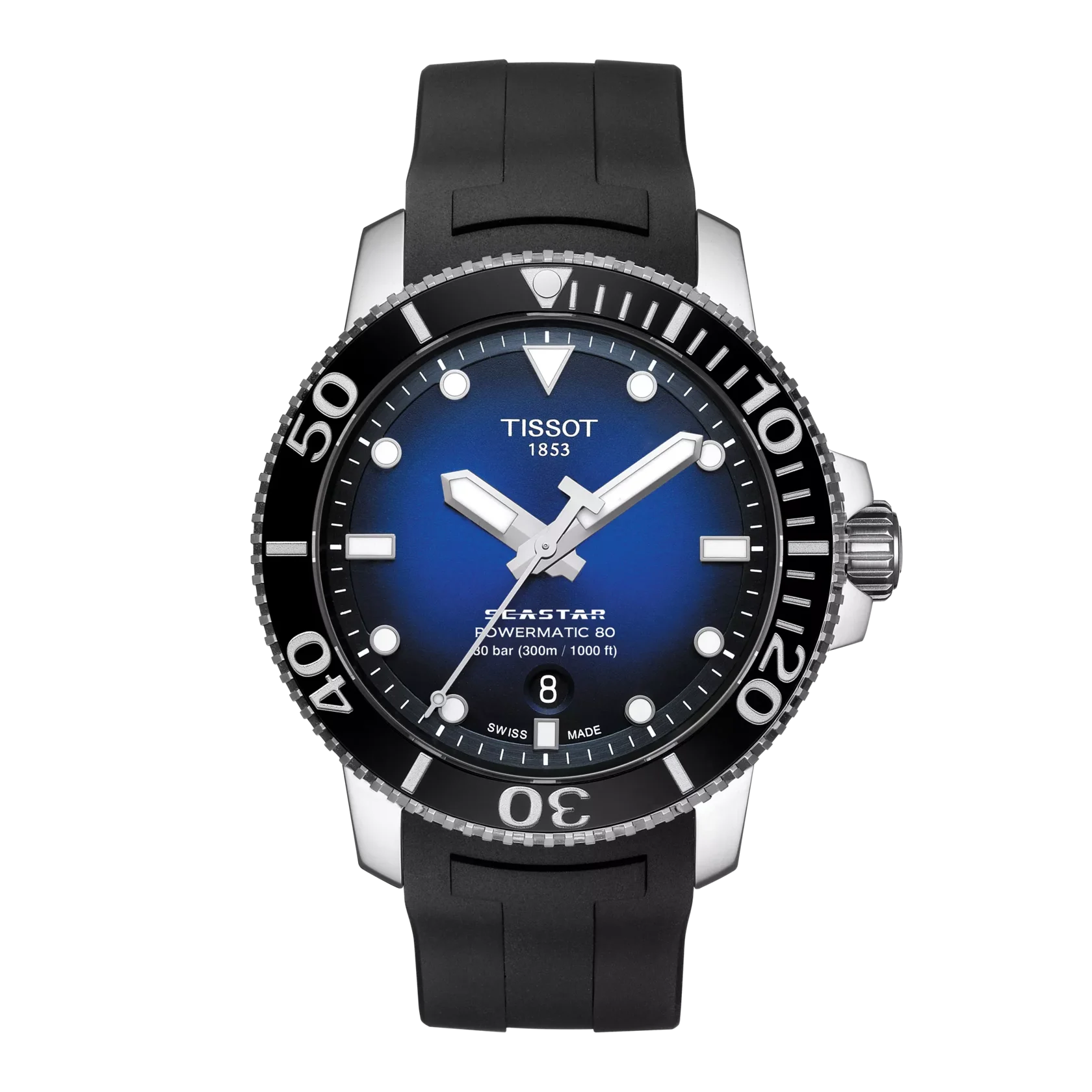 Tissot herenpolshorloge model Seastar Powermatic 80 uurwerk, met een blauwe wijzerplaat en blauwe rubber band