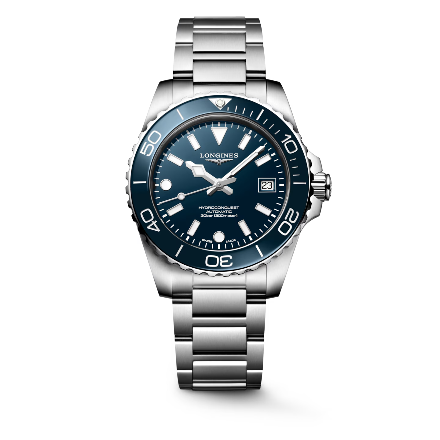 Longines herenpolshorloge model Hydroconquest met blauwe wijzerplaat en lunette en stalen band