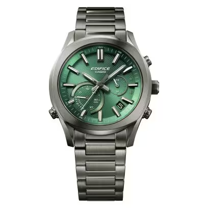 Casio edifice horloge. Grijs stalen band en kast. Groene wijzerplaat. Saffier glas, bluetooth, tough solar. 