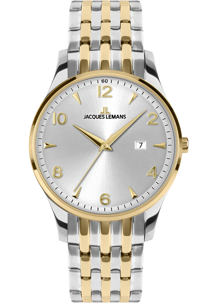 Die London 1-2216 JACQUES LEMANS Uhr, ist eine stilvolle Armbanduhr mit Edelstahlgeh&auml;use und einer Gr&ouml;&szlig;e von 32 mm. Sie verf&uuml;gt &uuml;ber eine Datumsfunktion und ist neu. Das zweifarbige Armband in Gold und Silber verleiht Eleganz. Tragen Sie sie mit formeller oder gesch&auml;ftlicher Kleidung f&uuml;r einen raffinierten Look.