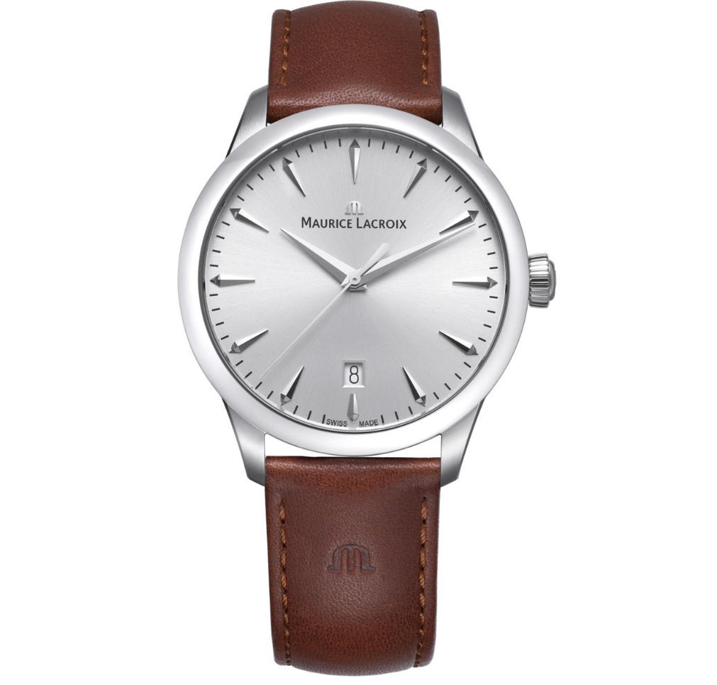 Maurice Lacroix 1975 - quartz - staal met lederen bruine band - saffierglas - datum