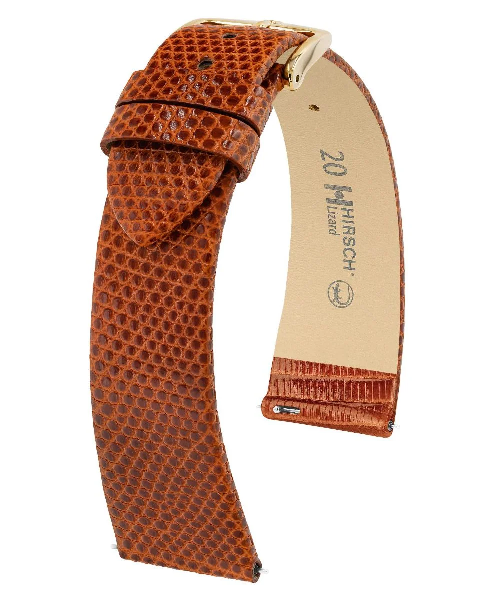 Lizard Golden Brown Shiny 16mm is een elegante horlogeband van echt glanzend lizardleder in een warme goudbruine tint. De fijne schubstructuur, luxe afwerking en slanke 16 mm pasvorm geven elk klassiek horloge een verfijnde en tijdloze uitstraling.