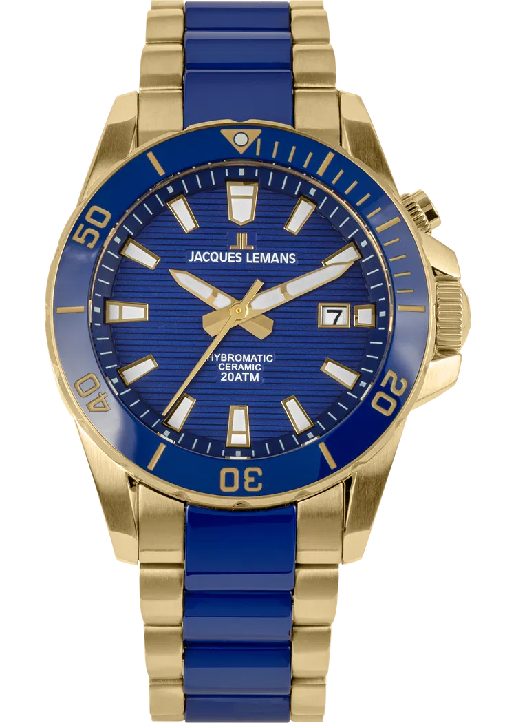 Die Hybromatic 1-2222 JACQUES LEMANS HYBROMATIC4 ist eine elegante Armbanduhr mit einem vergoldeten Armband und Geh&auml;use aus Edelstahl. Sie verf&uuml;gt &uuml;ber eine Datumsfunktion und eine Geh&auml;usegr&ouml;&szlig;e von 42 mm. Kombinieren Sie sie mit einem schicken Outfit oder Business-Look, um stilvoll und zeitlos aufzutreten. Perfekte Wahl f&uuml;r jeden Anlass.