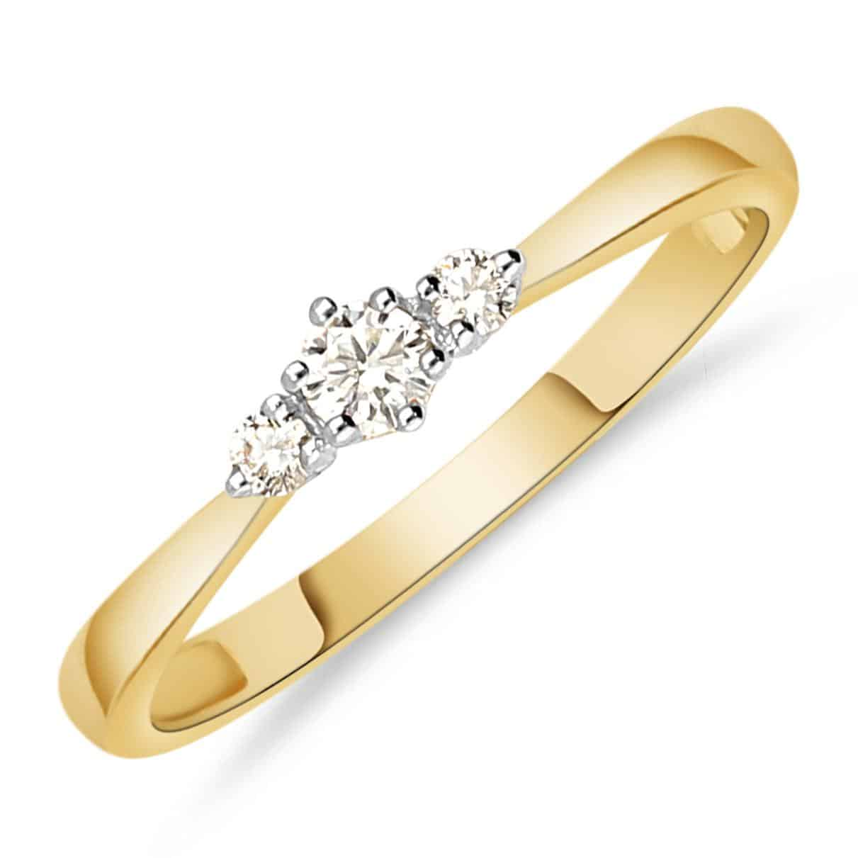 14 krts geelgouden ring met witgouden zettingen waarin 3 diamant stenen gezet totaal 0.14 crt G SI.