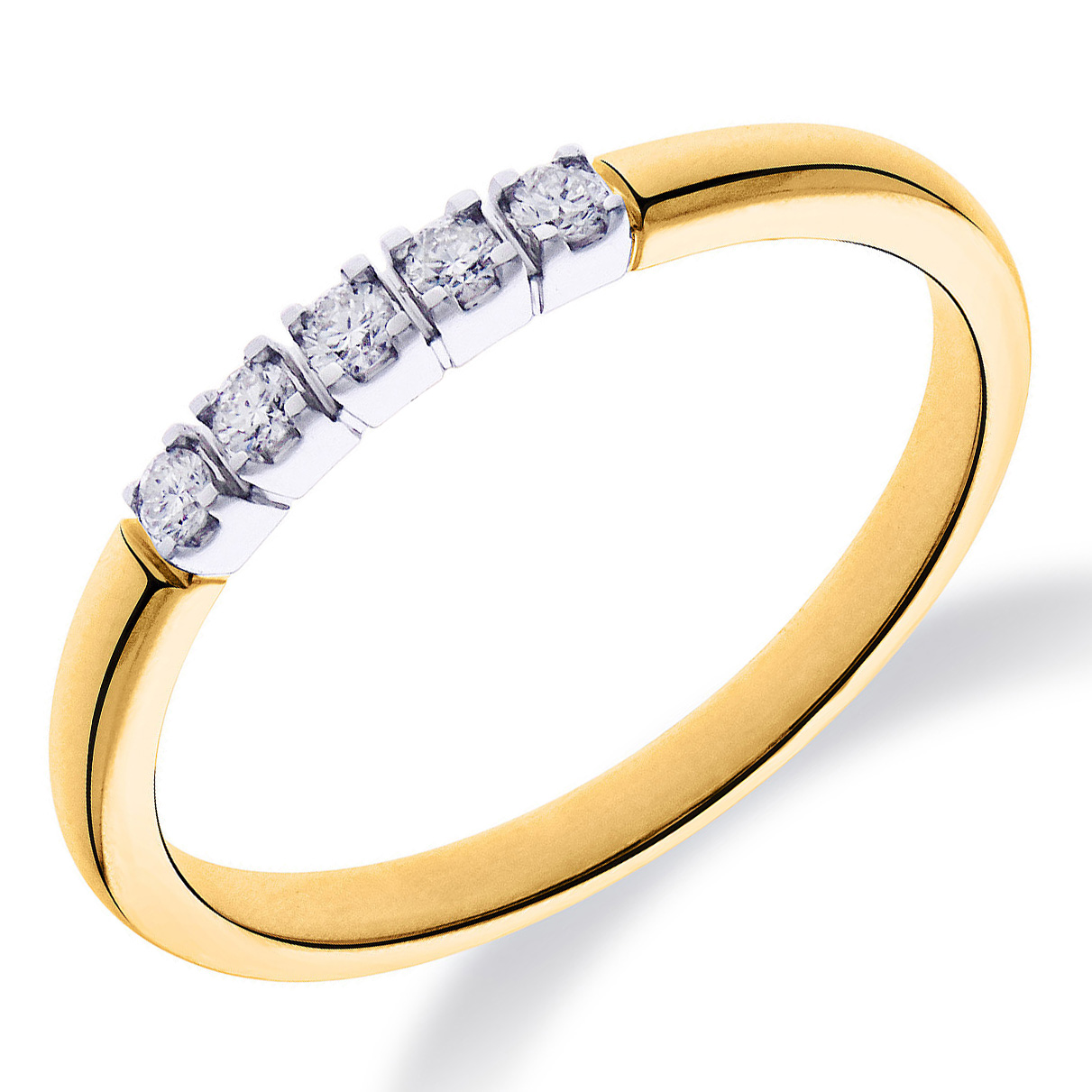 14 Krt geelgouden memoire ring  met witgouden zettingen met 5 diamanten gezetten totaal 0.10 Crt H SI.