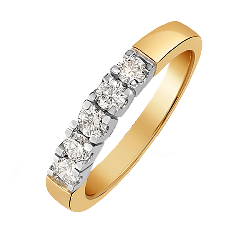 14 krt geelgouden memoire ring in witgouden zetting gezet 5x diamant briljant geslepen totaal 0.50crt.