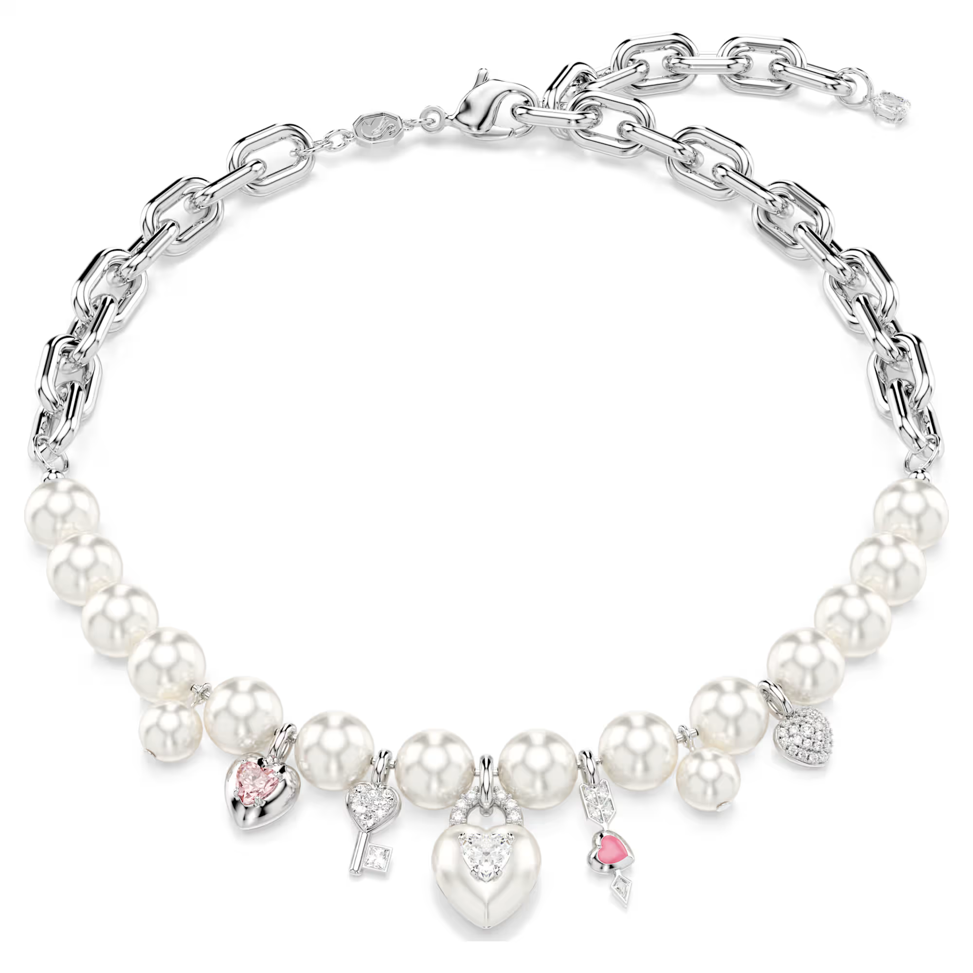 Elk detail van deze op liefde ge&iuml;nspireerde ketting onthult een nieuwe verrassing. De ketting met rhodium toplaag is aan de voorkant versierd met Swarovski Crystal Pearls en zeven bedels uit de Idyllia-collectie. Het vakmanschap omvat kristallen in verschillende kleuren en vormen, evenals individuele Swarovski Crystal Pearls, die samen zorgen voor een look van vreugdevolle romantiek.

Artikelnr.: 5749601
Collectie:  Idyllia
Lengte (minimum - maximum): 38 - 45 cm
Formaat motief: 2.4 x 1.4 cm
Materiaal:  Kristallen, Rodium-verguld, Cubic zirconia, Crystal pearl
Kleur:  Wit
Type sluiting:  Karabijn