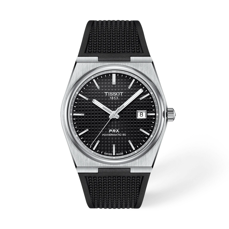 Dit Tissot PRX horloge heeft een stijlvolle zilveren roestvrijstalen kast, met een zwarte wijzerplaat en datumaanduiding, en rubberen band. De unieke octagonale vorm van de kast geeft het horloge een moderne uitstraling. Draag het bij formele en informele gelegenheden om je outfit compleet te maken. Het horloge is waterbestendig tot 100 meter diepte en heeft een elegante uitstraling. Perfect voor elke gelegenheid!