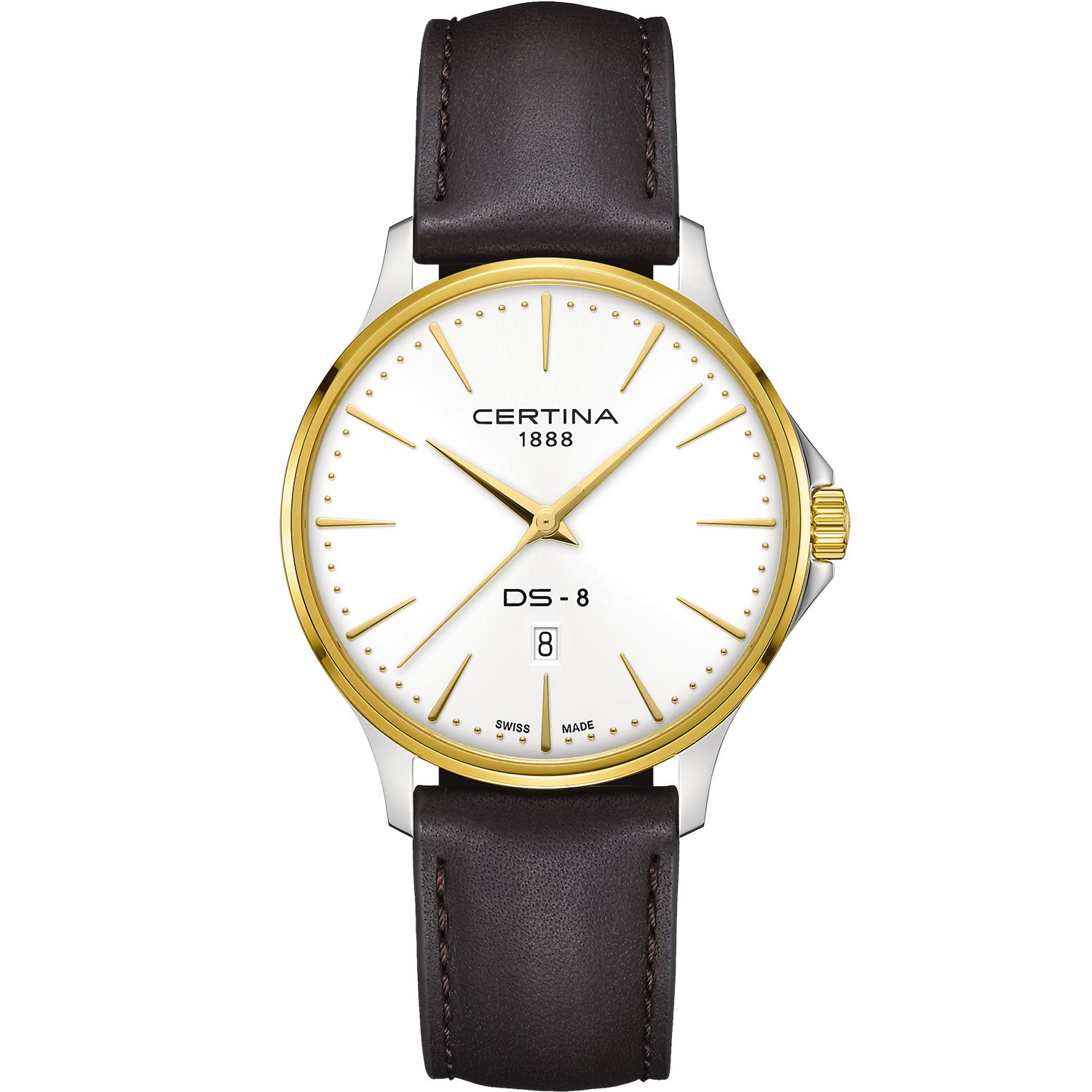 Dit Certina DS 8 Heren horloge is bekend onder Certina-referentienummer C0454102603100. Het horloge heeft een quartz-uurwerk dat geplaatst is in een edelstalen met PVD gekleurde kast. Op de witte wijzerplaat is analoge tijdsweergave zichtbaar. Aan de kast zit een bruine lederen horlogeband met een gespsluiting.

Het quartz-uurwerk biedt u datum-aanduiding als tijdfunctie(s). De ronde horlogekast is 100m waterdicht en voorzien van een saffierglas.

Het Zwitserse Certina staat garant voor luxe kwaliteit. Niet alleen qua stijl onderscheidt Certina zich van de rest, ook de technologie is een belangrijk aspect van de Certina-filosofie. De door Certina volledig doorontwikkelde DS-technologie zorgt voor een optimale bescherming van het uurwerk op het gebied van schokken en waterdichtheid. Certina biedt een grote vari&euml;teit aan stijlen. Het merendeel van de door Certina vervaardigde horloges heeft een sportief tot zeer sportief karakter, zoals de dames- en herenhorloges uit de DS Podium-collectie. Maar met de Certina DS One en DS Powermatic spreekt de fabrikant ook tot de verbeelding van liefhebbers van traditioneel design. 