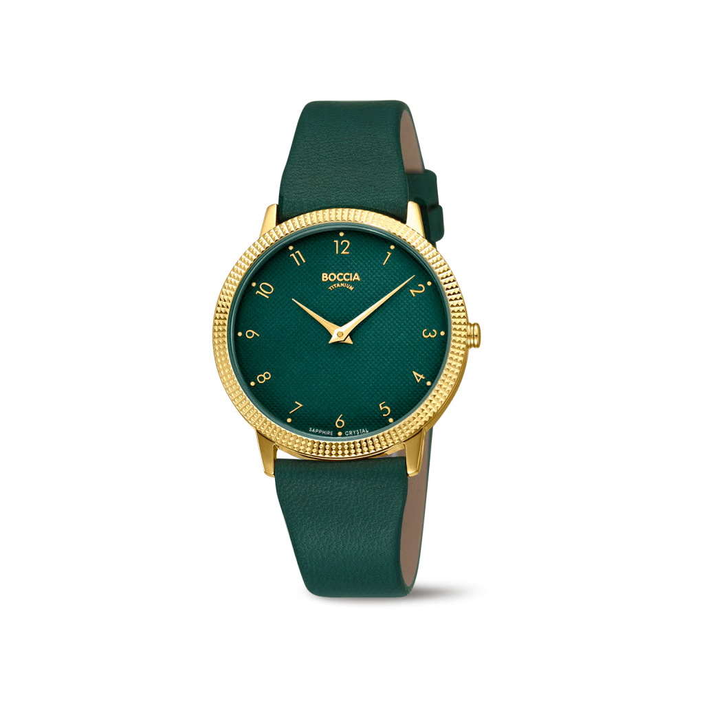 Der DAU Boccia gelb Titan Lederband gr&uuml;n (Modellnummer 3381-02) ist eine stilvolle Armbanduhr mit einem runden, gelben Titangeh&auml;use und einem gr&uuml;nen Lederband. Das Zifferblatt ist analog und gr&uuml;n mit arabischen Indizes. Ausgestattet mit Saphirglas und einer Wasserdichtigkeit von 50 Metern, eignet sie sich perfekt f&uuml;r den t&auml;glichen Gebrauch. Ideal f&uuml;r jeden Anlass.