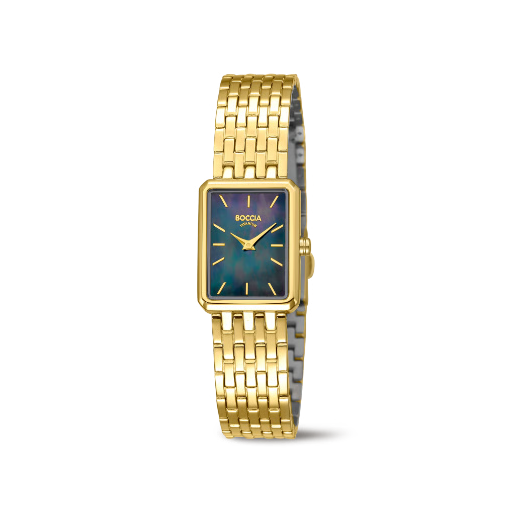 Der DAU Boccia gelb Metallband eckig (Modellnummer 3383-02) ist eine elegante Armbanduhr mit titanfarbenem Geh&auml;use und Armband. Das rechteckige Titangeh&auml;use hat ein graues Zifferblatt mit Streifen und analoger Anzeige. Mit Mineralglas, ist sie bis 50 Meter wasserdicht. Das Quarzwerk sorgt f&uuml;r pr&auml;zise Zeitmessung. Ideal f&uuml;r formelle Anl&auml;sse oder stilvolle Alltagsoutfits.