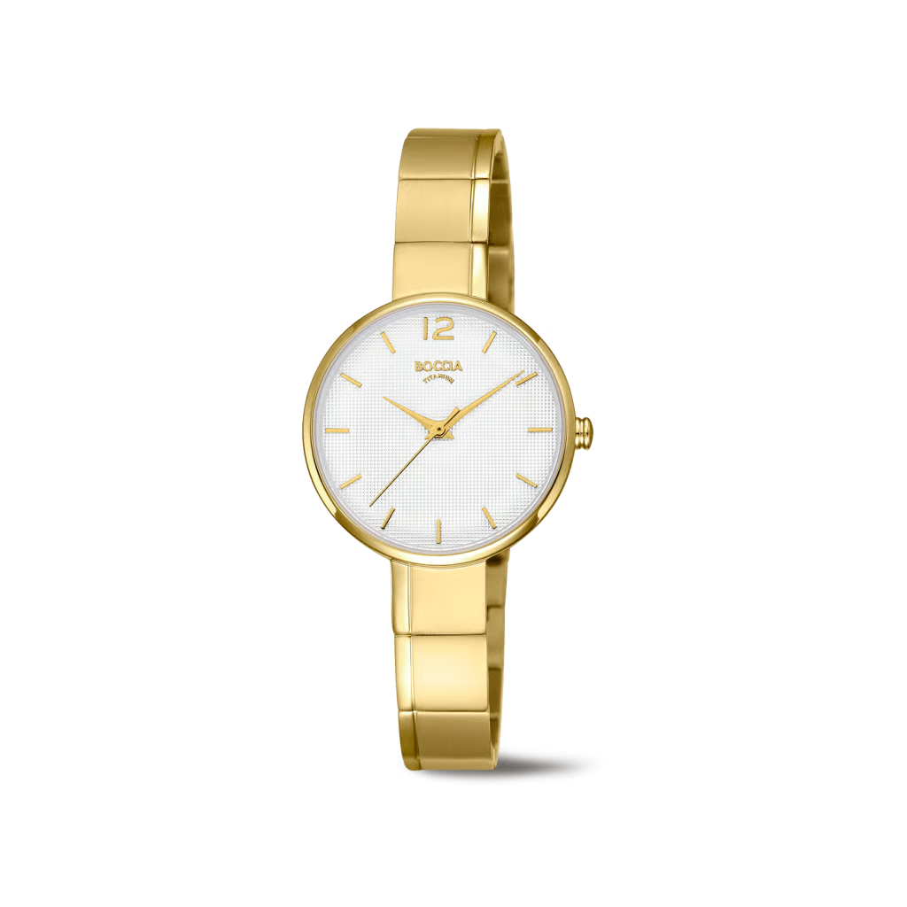 Der DAU Boccia gelb Modell 3308-06 ist eine edle Armbanduhr mit einem goldfarbenen Titanband. Sein rundes Geh&auml;use aus Titan und das wei&szlig;e Zifferblatt mit Streifenindizes verleihen ihm Eleganz. Ausgestattet mit Quarzwerk, Mineralglas und 50m Wasserdichtigkeit. Perfekt f&uuml;r den t&auml;glichen Gebrauch, sowohl im B&uuml;ro als auch f&uuml;r besondere Anl&auml;sse geeignet.