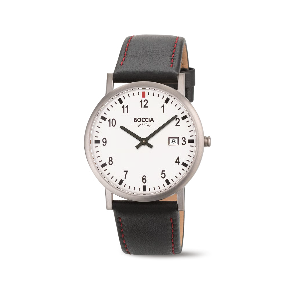 Der HAU Boccia Lederband schwarz Modell 3679-01 besticht durch sein elegantes Design. Mit einem runden Titangeh&auml;use, einer wei&szlig;en Analoganzeige mit Streifenindex und einem schwarzen Echtlederarmband ist es stilvoll und funktional. Mineralglas sch&uuml;tzt das Zifferblatt, und es ist bis zu 50 Meter wasserfest. Ideal f&uuml;r den t&auml;glichen Gebrauch und elegante Anl&auml;sse.
