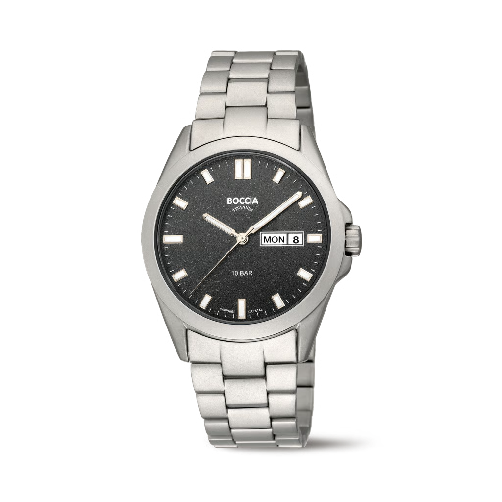Der HAU Boccia 3683-02 ist eine elegante Armbanduhr mit silbernem Titangeh&auml;use und -band. Highlights: Saphirglas, schwarzes Zifferblatt mit Streifenindex, runde Form, wasserdicht bis 100 Meter, Quarzwerk und Datumsfunktion. Perfekt f&uuml;r stilvolle Anl&auml;sse oder den t&auml;glichen Gebrauch. Tragen Sie sie zu formellen und l&auml;ssigen Outfits, um einen Hauch von Eleganz zu verleihen.