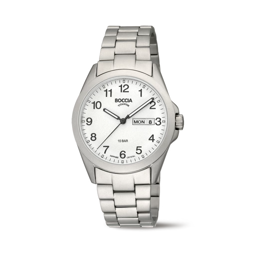 Der HAU Boccia Saphirglas Metallband, Modellnummer 3683-01, ist eine stilvolle Armbanduhr mit einem 40 mm Geh&auml;use aus Titan. Sie verf&uuml;gt &uuml;ber ein silberfarbenes Armband und eine Datumsfunktion. Perfekt f&uuml;r den t&auml;glichen Gebrauch oder formelle Anl&auml;sse. Tragen Sie sie mit einem eleganten Anzug oder l&auml;ssigen Outfit, um Ihrem Look Raffinesse zu verleihen.